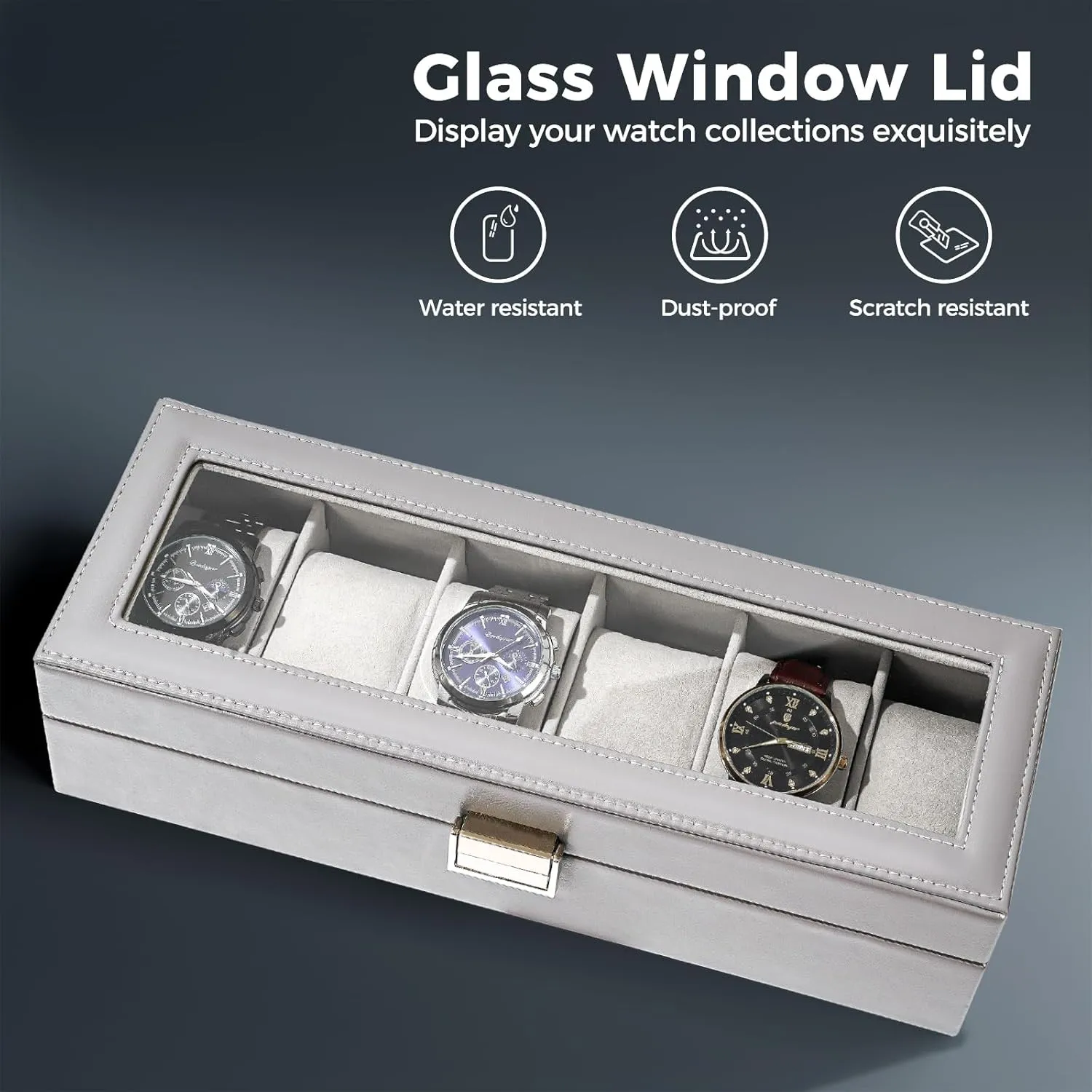 ProCase Watch Box for Men, 6 Slot Mens Watch Case, Watch Storage Watch Holder Organizer for Men, Watch Display Case With Glass Lid -6 Slot, Grey