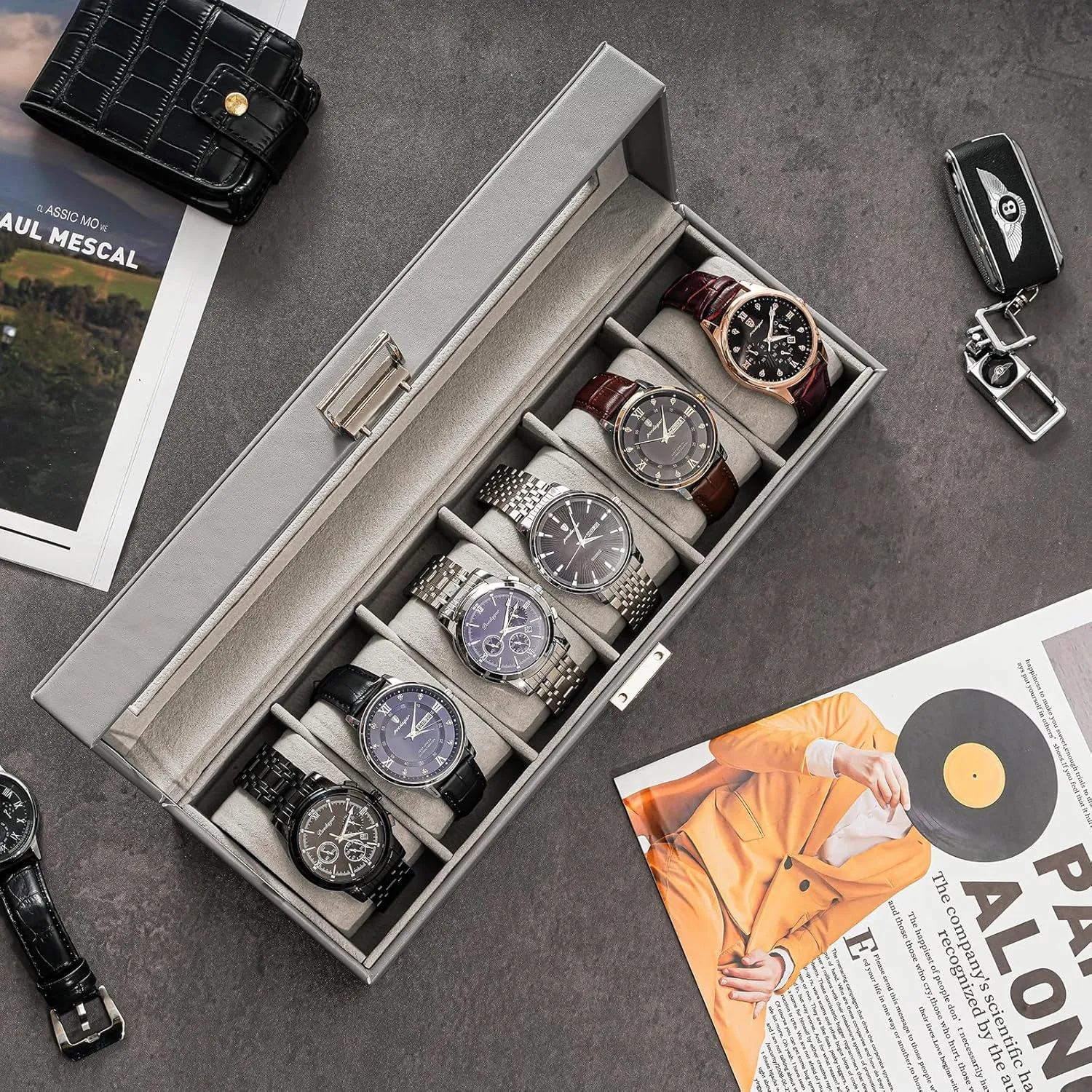 ProCase Watch Box for Men, 6 Slot Mens Watch Case, Watch Storage Watch Holder Organizer for Men, Watch Display Case With Glass Lid -6 Slot, Grey