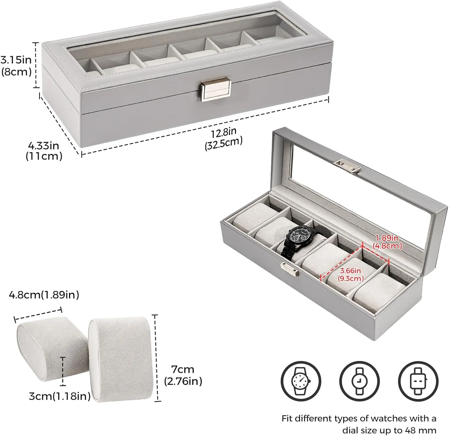 ProCase Watch Box for Men, 6 Slot Mens Watch Case, Watch Storage Watch Holder Organizer for Men, Watch Display Case With Glass Lid -6 Slot, Grey