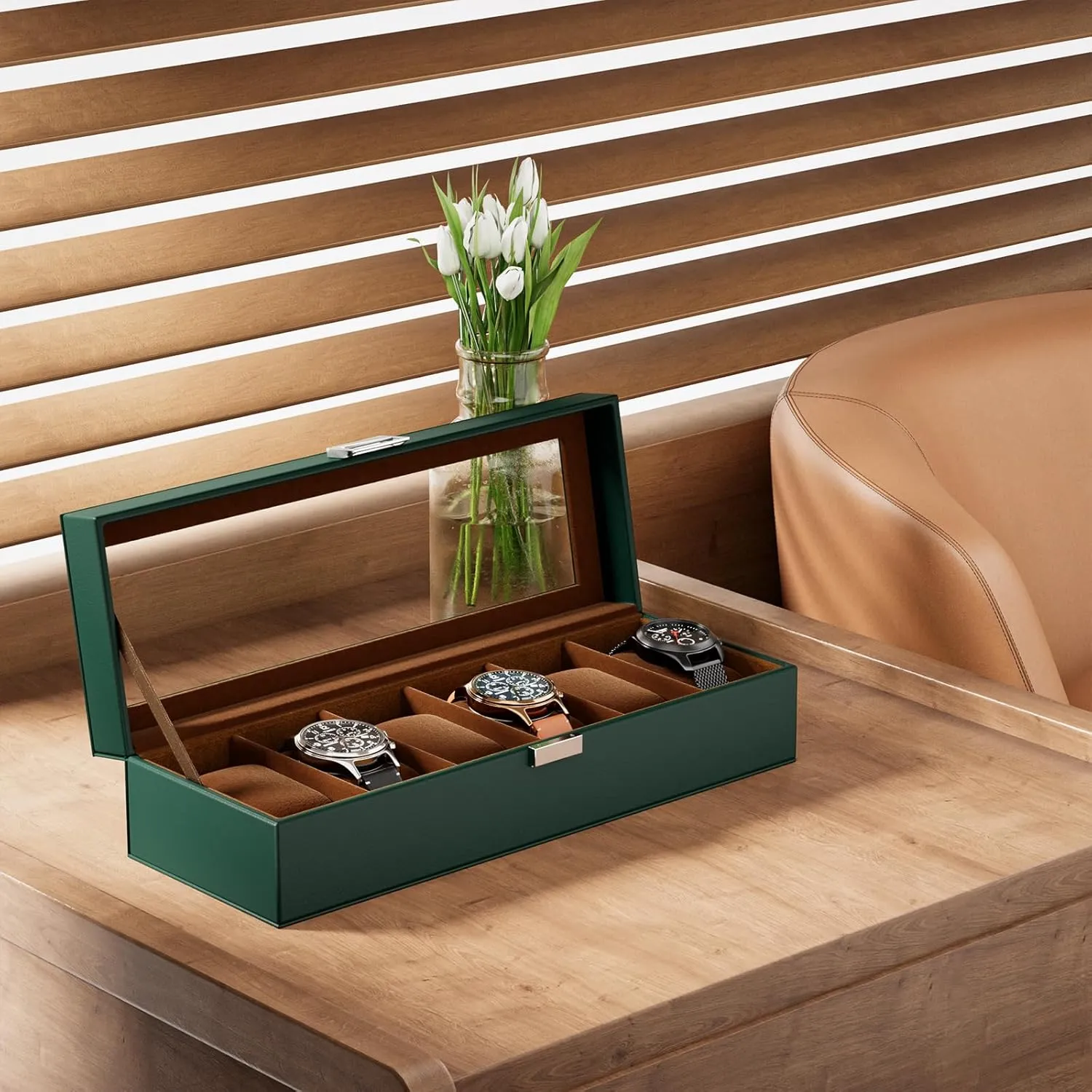 ProCase Watch Box for Men, 6 Slot Mens Watch Case, Watch Storage Watch Holder Organizer for Men, Watch Display Case With Glass Lid -6 Slot, MidnightGreen