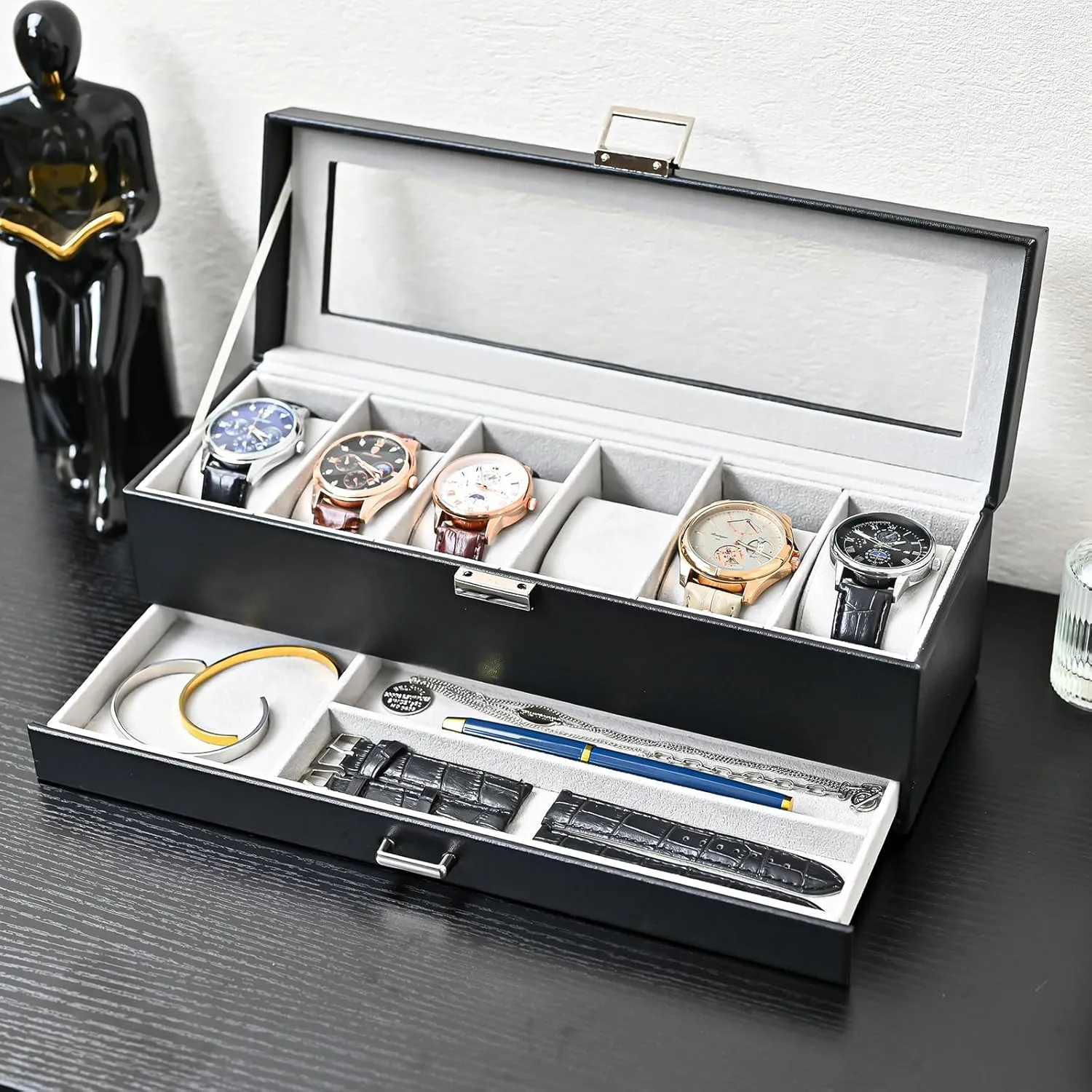 ProCase Watch Box for Men, 6 Slot Watch Display Case with Drawer, Mens Watch Case With Glass Lid, 2-Layer Jewelry and Watch Storage Watch Holder Organizer for Men Women -6 Slot, Black