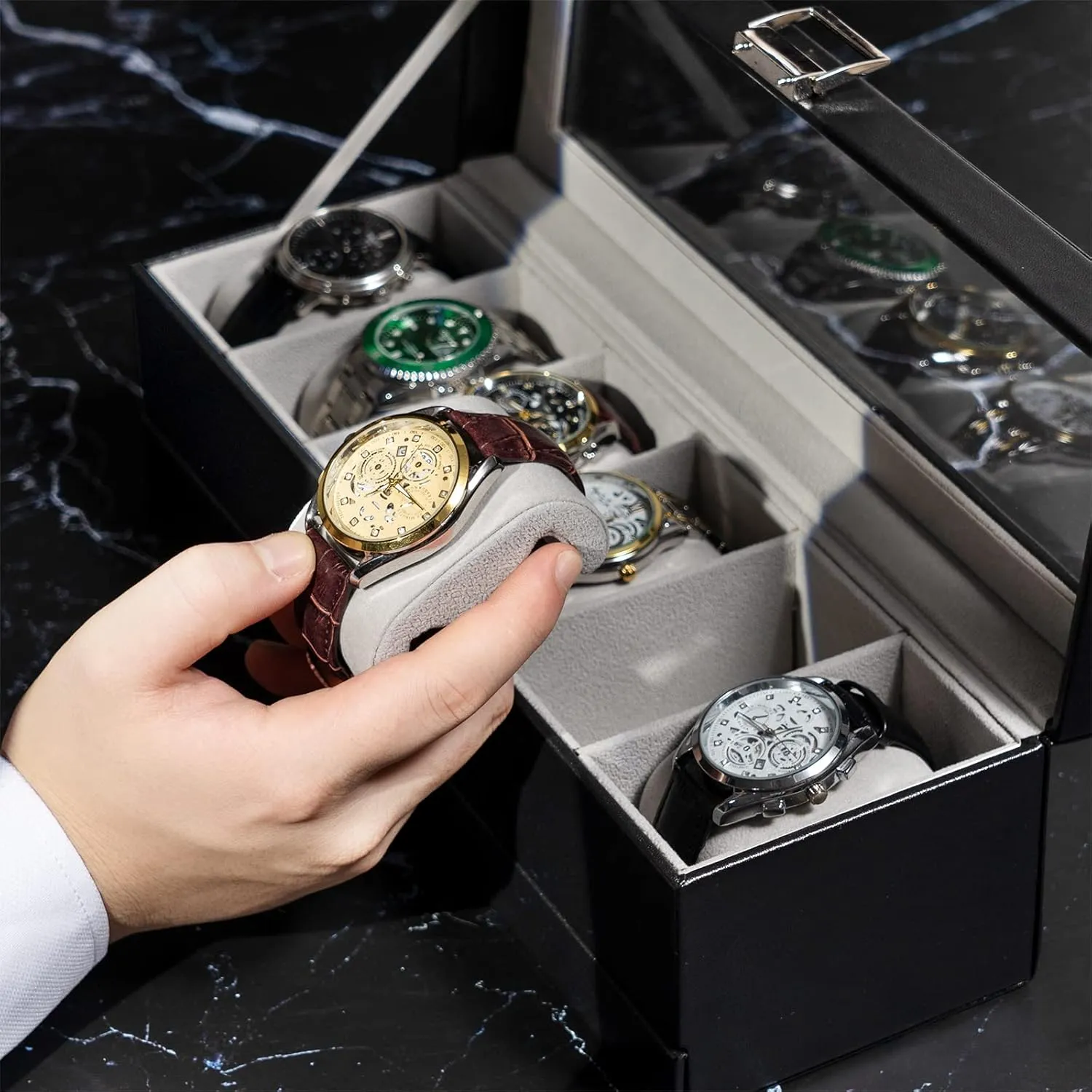 ProCase Watch Box for Men, 6 Slot Watch Display Case with Drawer, Mens Watch Case With Glass Lid, 2-Layer Jewelry and Watch Storage Watch Holder Organizer for Men Women -6 Slot, Black