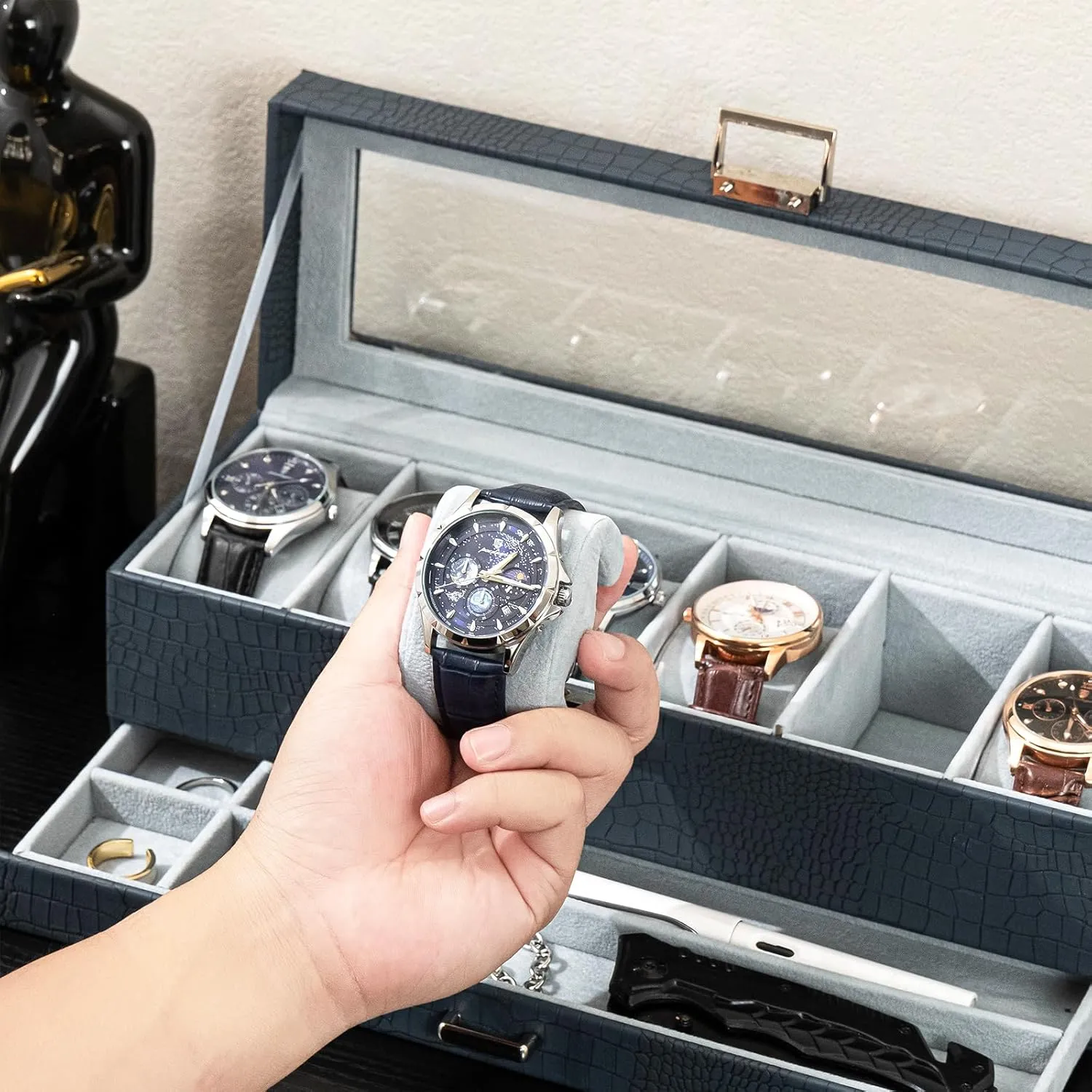 ProCase Watch Box for Men, 6 Slot Watch Display Case with Drawer, Mens Watch Case With Glass Lid, 2-Layer Jewelry and Watch Storage Watch Holder Organizer for Men Women -6 Slot, CrocCobaltBlue