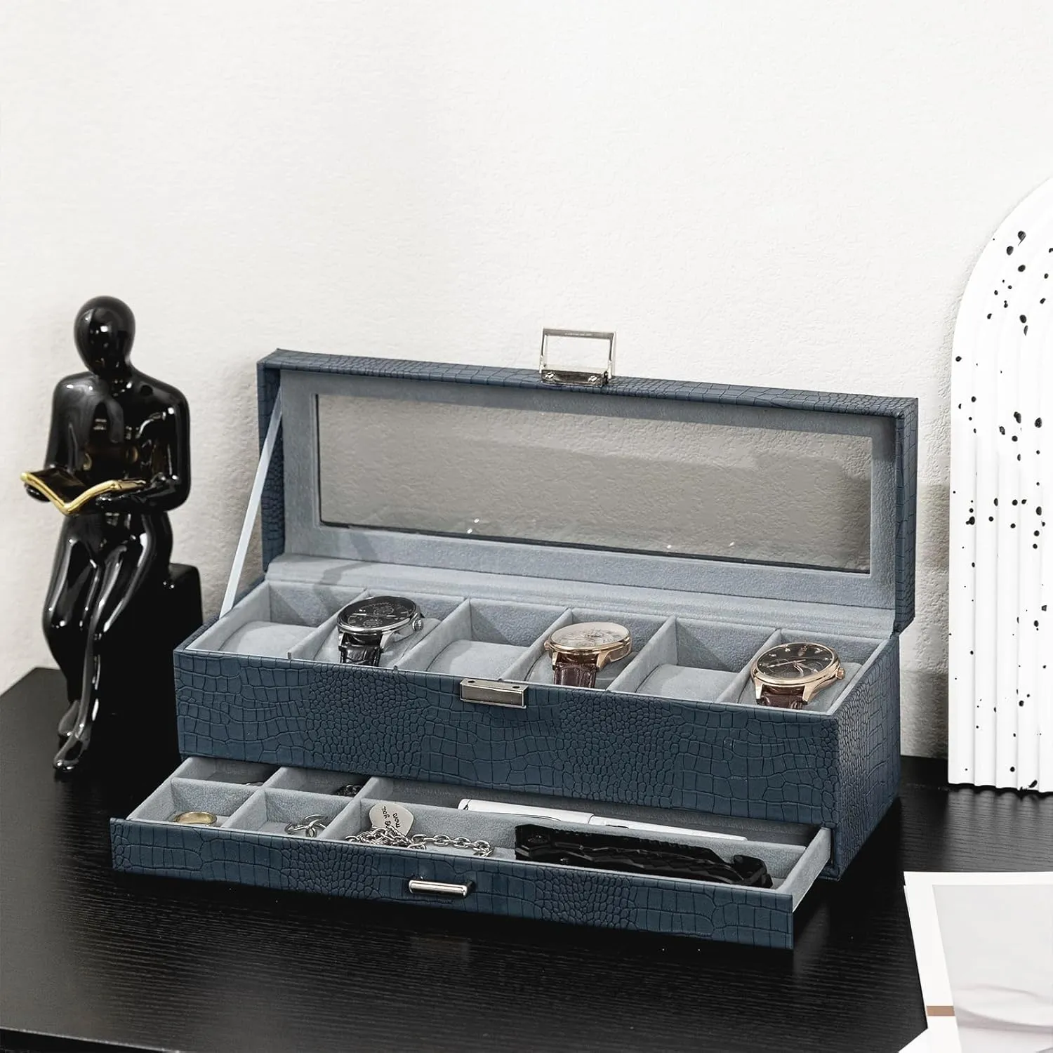 ProCase Watch Box for Men, 6 Slot Watch Display Case with Drawer, Mens Watch Case With Glass Lid, 2-Layer Jewelry and Watch Storage Watch Holder Organizer for Men Women -6 Slot, CrocCobaltBlue