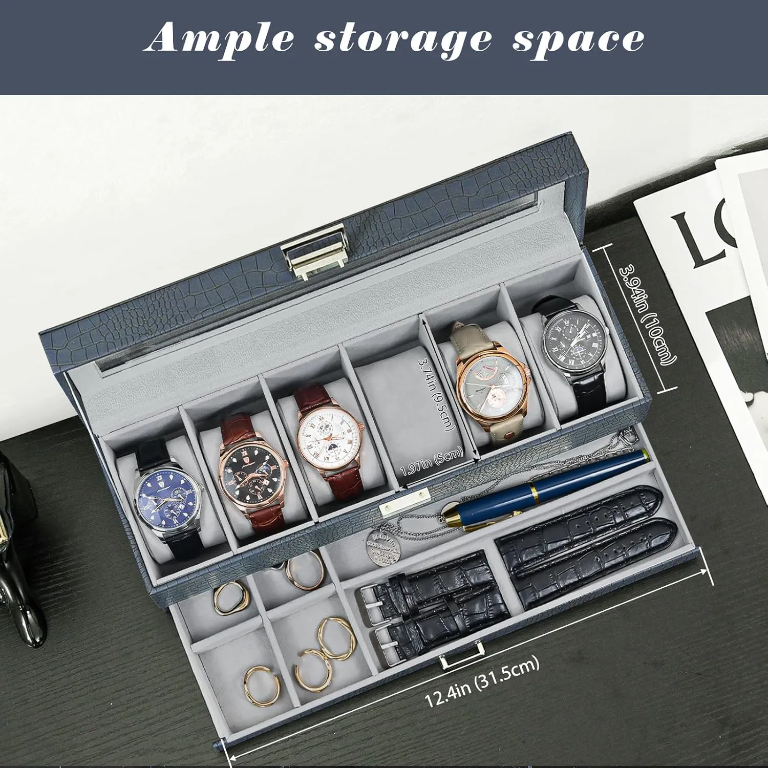 ProCase Watch Box for Men, 6 Slot Watch Display Case with Drawer, Mens Watch Case With Glass Lid, 2-Layer Jewelry and Watch Storage Watch Holder Organizer for Men Women -6 Slot, CrocCobaltBlue