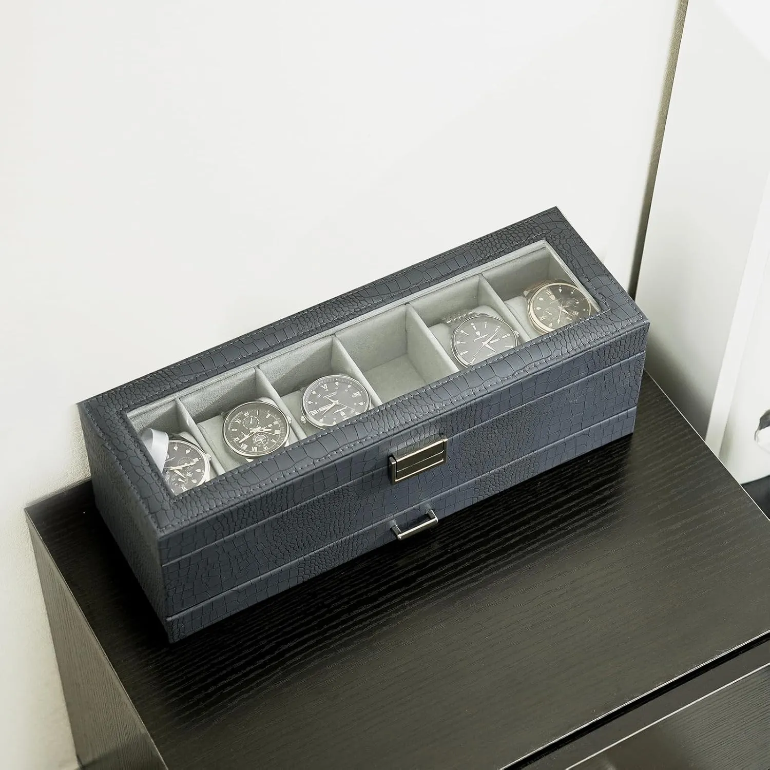 ProCase Watch Box for Men, 6 Slot Watch Display Case with Drawer, Mens Watch Case With Glass Lid, 2-Layer Jewelry and Watch Storage Watch Holder Organizer for Men Women -6 Slot, CrocCobaltBlue