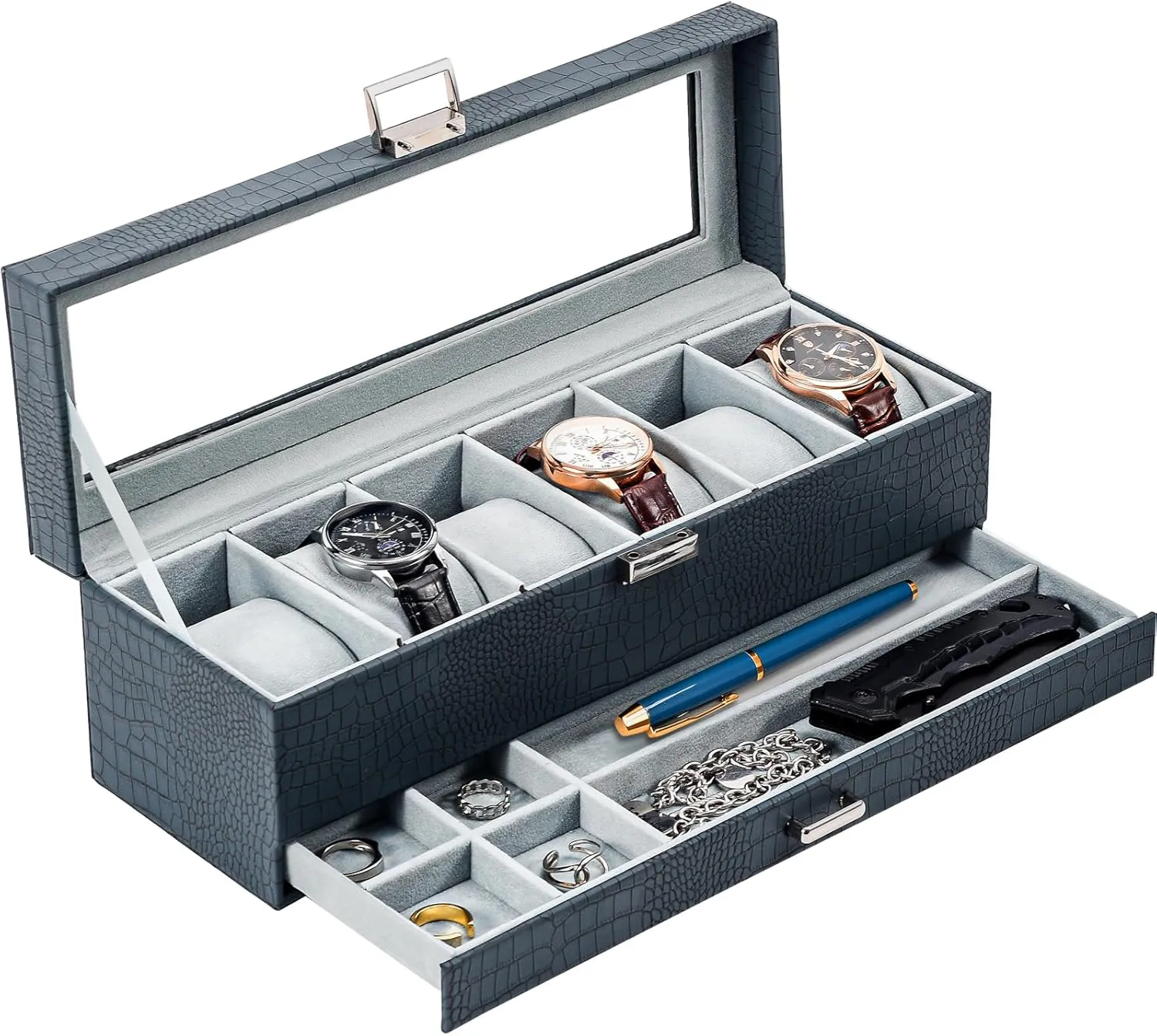 ProCase Watch Box for Men, 6 Slot Watch Display Case with Drawer, Mens Watch Case With Glass Lid, 2-Layer Jewelry and Watch Storage Watch Holder Organizer for Men Women -6 Slot, CrocCobaltBlue