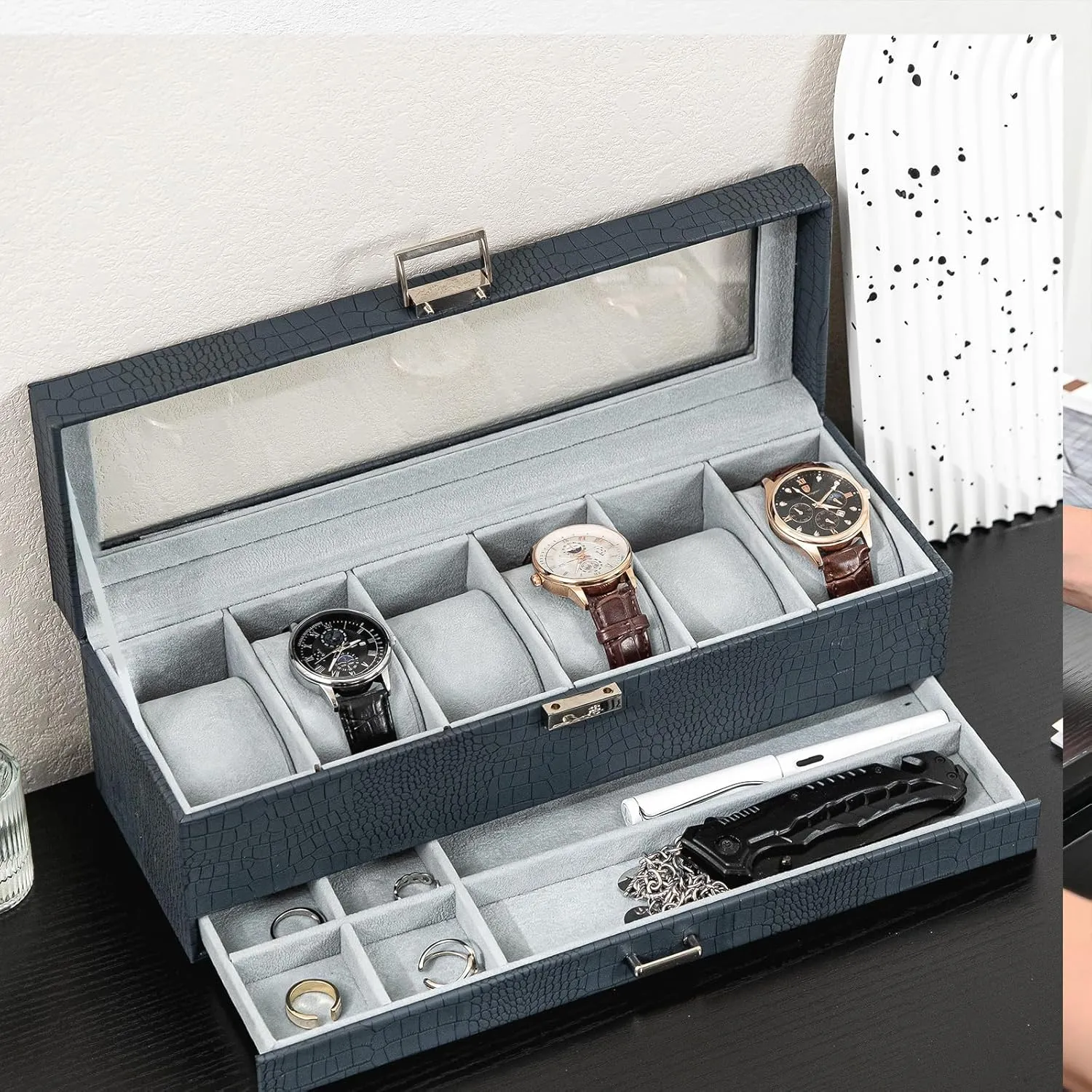ProCase Watch Box for Men, 6 Slot Watch Display Case with Drawer, Mens Watch Case With Glass Lid, 2-Layer Jewelry and Watch Storage Watch Holder Organizer for Men Women -6 Slot, CrocCobaltBlue