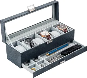 ProCase Watch Box for Men, 6 Slot Watch Display Case with Drawer, Mens Watch Case With Glass Lid, 2-Layer Jewelry and Watch Storage Watch Holder Organizer for Men Women -6 Slot, CrocCobaltBlue