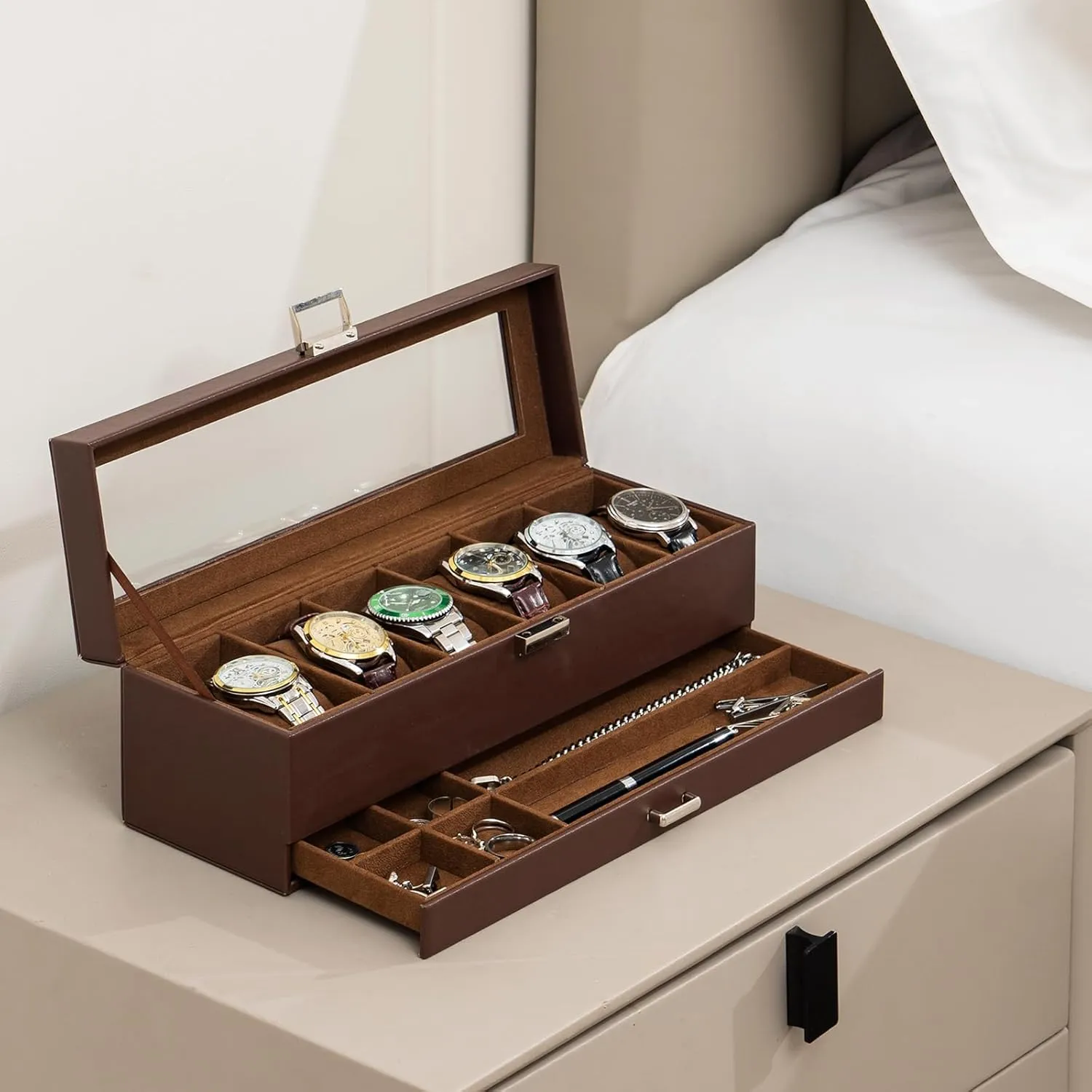 ProCase Watch Box for Men, 6 Slot Watch Display Case with Drawer, Mens Watch Case With Glass Lid, 2-Layer Jewelry and Watch Storage Watch Holder Organizer for Men Women -6 Slot, Espresso