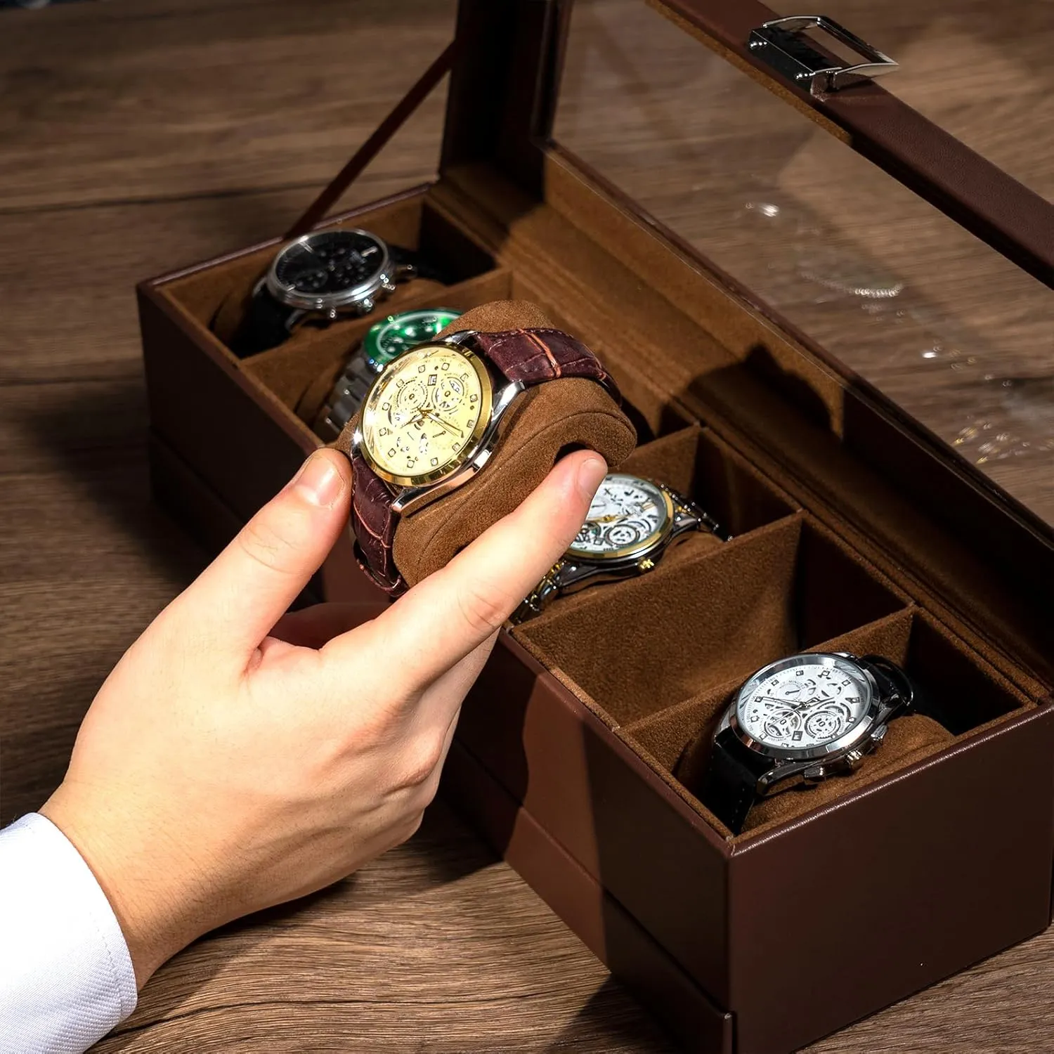 ProCase Watch Box for Men, 6 Slot Watch Display Case with Drawer, Mens Watch Case With Glass Lid, 2-Layer Jewelry and Watch Storage Watch Holder Organizer for Men Women -6 Slot, Espresso