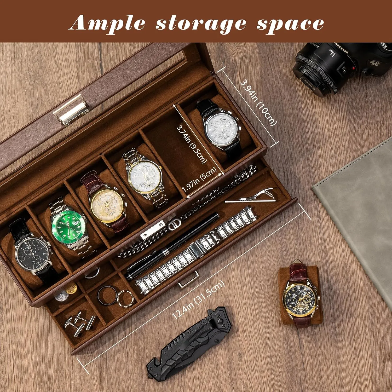 ProCase Watch Box for Men, 6 Slot Watch Display Case with Drawer, Mens Watch Case With Glass Lid, 2-Layer Jewelry and Watch Storage Watch Holder Organizer for Men Women -6 Slot, Espresso