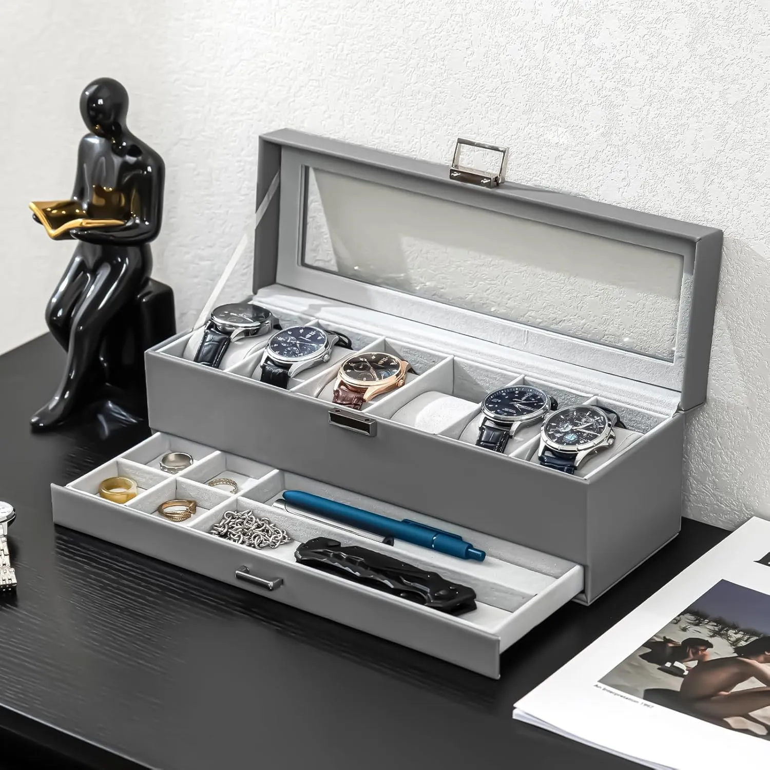 ProCase Watch Box for Men, 6 Slot Watch Display Case with Drawer, Mens Watch Case With Glass Lid, 2-Layer Jewelry and Watch Storage Watch Holder Organizer for Men Women -6 Slot, Grey
