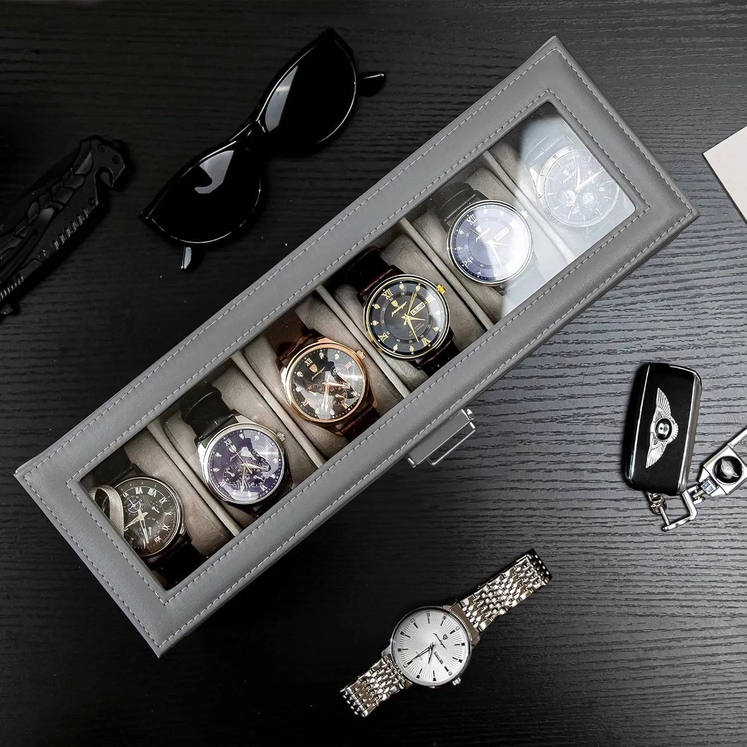 ProCase Watch Box for Men, 6 Slot Watch Display Case with Drawer, Mens Watch Case With Glass Lid, 2-Layer Jewelry and Watch Storage Watch Holder Organizer for Men Women -6 Slot, Grey