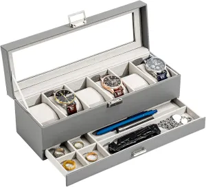 ProCase Watch Box for Men, 6 Slot Watch Display Case with Drawer, Mens Watch Case With Glass Lid, 2-Layer Jewelry and Watch Storage Watch Holder Organizer for Men Women -6 Slot, Grey