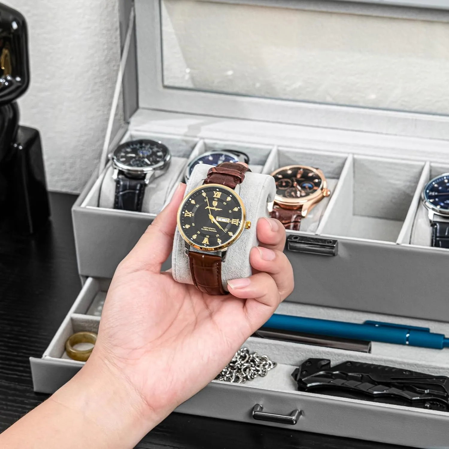 ProCase Watch Box for Men, 6 Slot Watch Display Case with Drawer, Mens Watch Case With Glass Lid, 2-Layer Jewelry and Watch Storage Watch Holder Organizer for Men Women -6 Slot, Grey