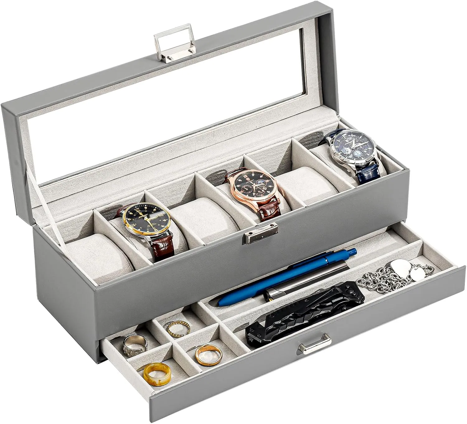 ProCase Watch Box for Men, 6 Slot Watch Display Case with Drawer, Mens Watch Case With Glass Lid, 2-Layer Jewelry and Watch Storage Watch Holder Organizer for Men Women -6 Slot, Grey