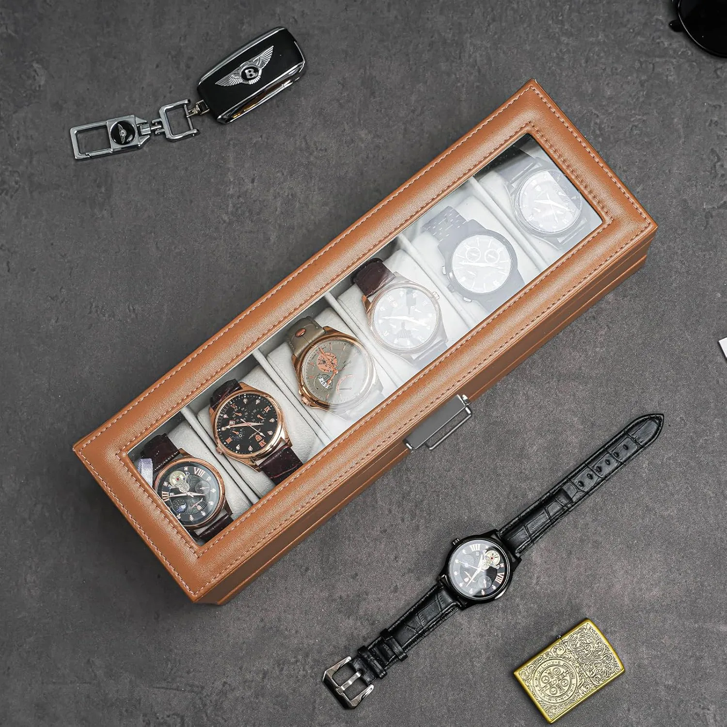 ProCase Watch Box for Men, 6 Slot Watch Display Case with Drawer, Mens Watch Case With Glass Lid, 2-Layer Jewelry and Watch Storage Watch Holder Organizer for Men Women -6 Slot, Khaki