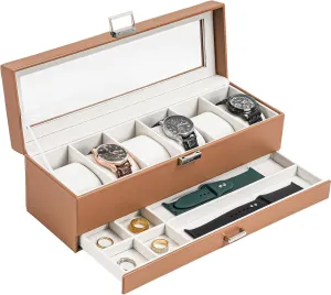 ProCase Watch Box for Men, 6 Slot Watch Display Case with Drawer, Mens Watch Case With Glass Lid, 2-Layer Jewelry and Watch Storage Watch Holder Organizer for Men Women -6 Slot, Khaki