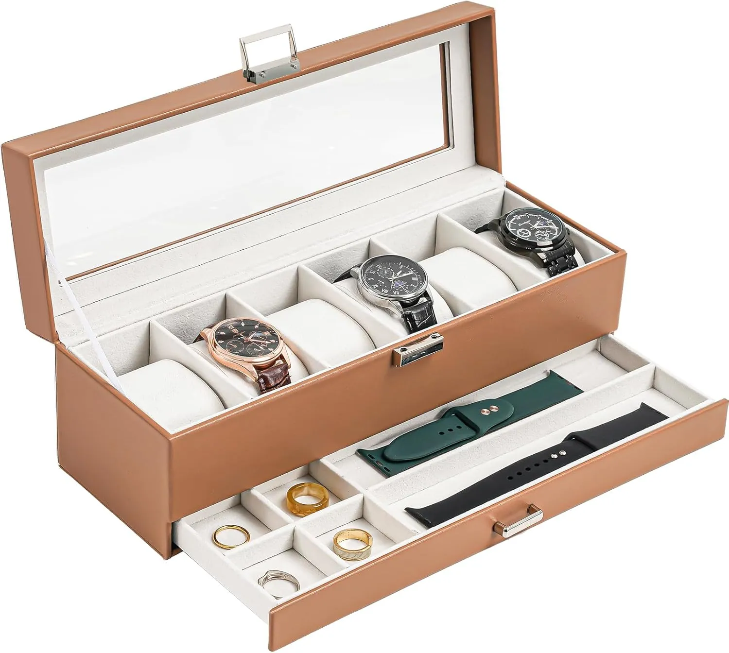ProCase Watch Box for Men, 6 Slot Watch Display Case with Drawer, Mens Watch Case With Glass Lid, 2-Layer Jewelry and Watch Storage Watch Holder Organizer for Men Women -6 Slot, Khaki