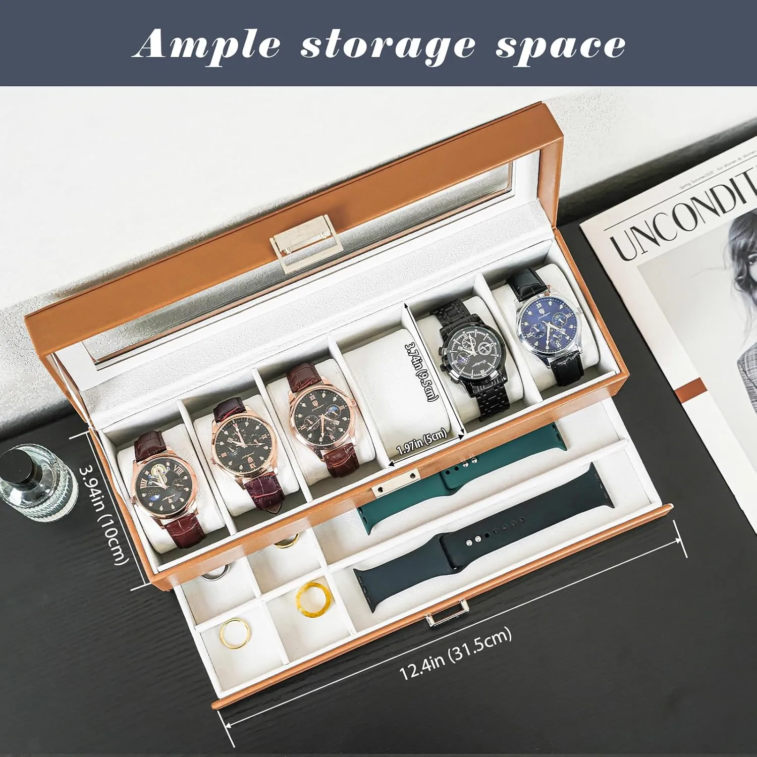 ProCase Watch Box for Men, 6 Slot Watch Display Case with Drawer, Mens Watch Case With Glass Lid, 2-Layer Jewelry and Watch Storage Watch Holder Organizer for Men Women -6 Slot, Khaki