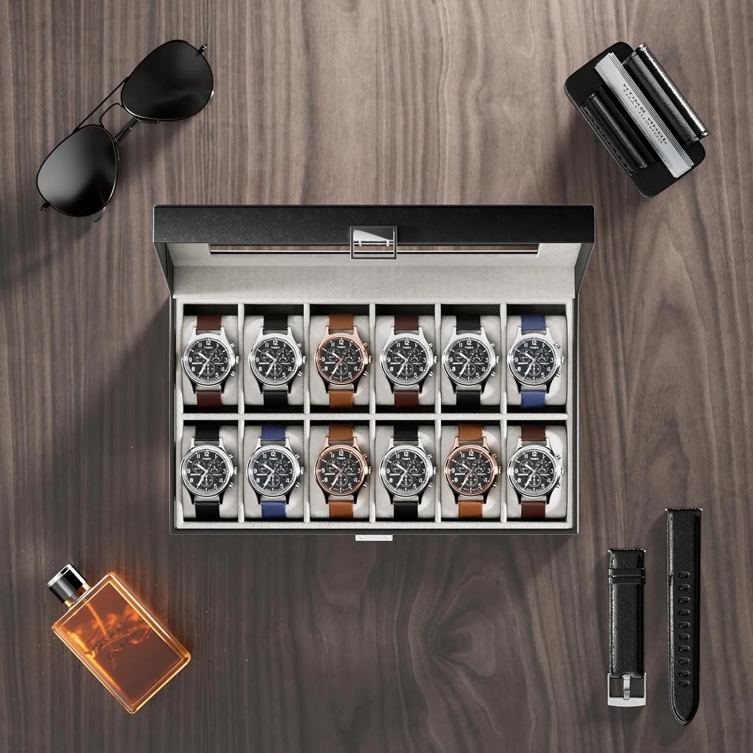 ProCase Watch Box Organizer for Men, 12 Slot Watch Display Case With Glass Lid, PU Leather Watch Storage Mens Watch Case, Watch Holder Organizer for Men Women -12 Slot, Black