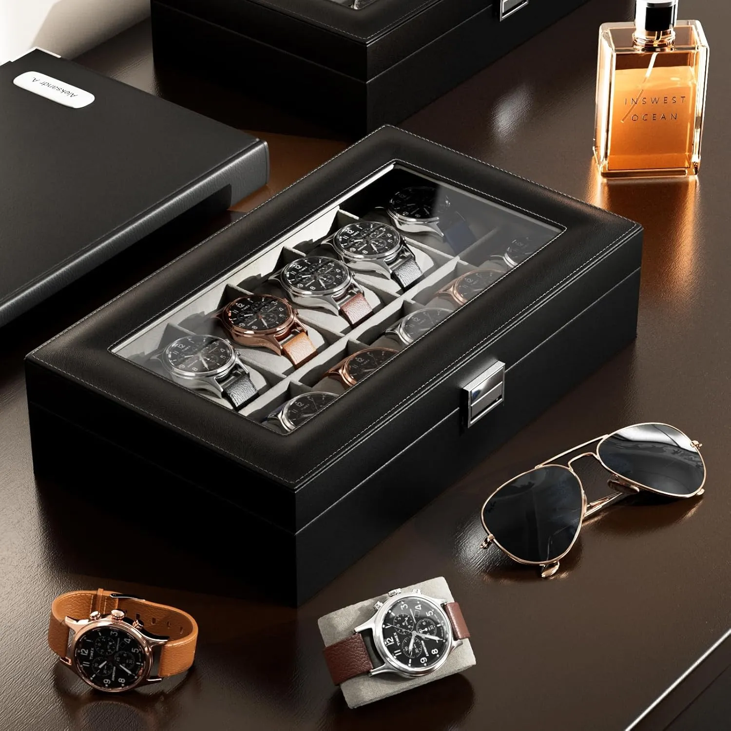 ProCase Watch Box Organizer for Men, 12 Slot Watch Display Case With Glass Lid, PU Leather Watch Storage Mens Watch Case, Watch Holder Organizer for Men Women -12 Slot, Black