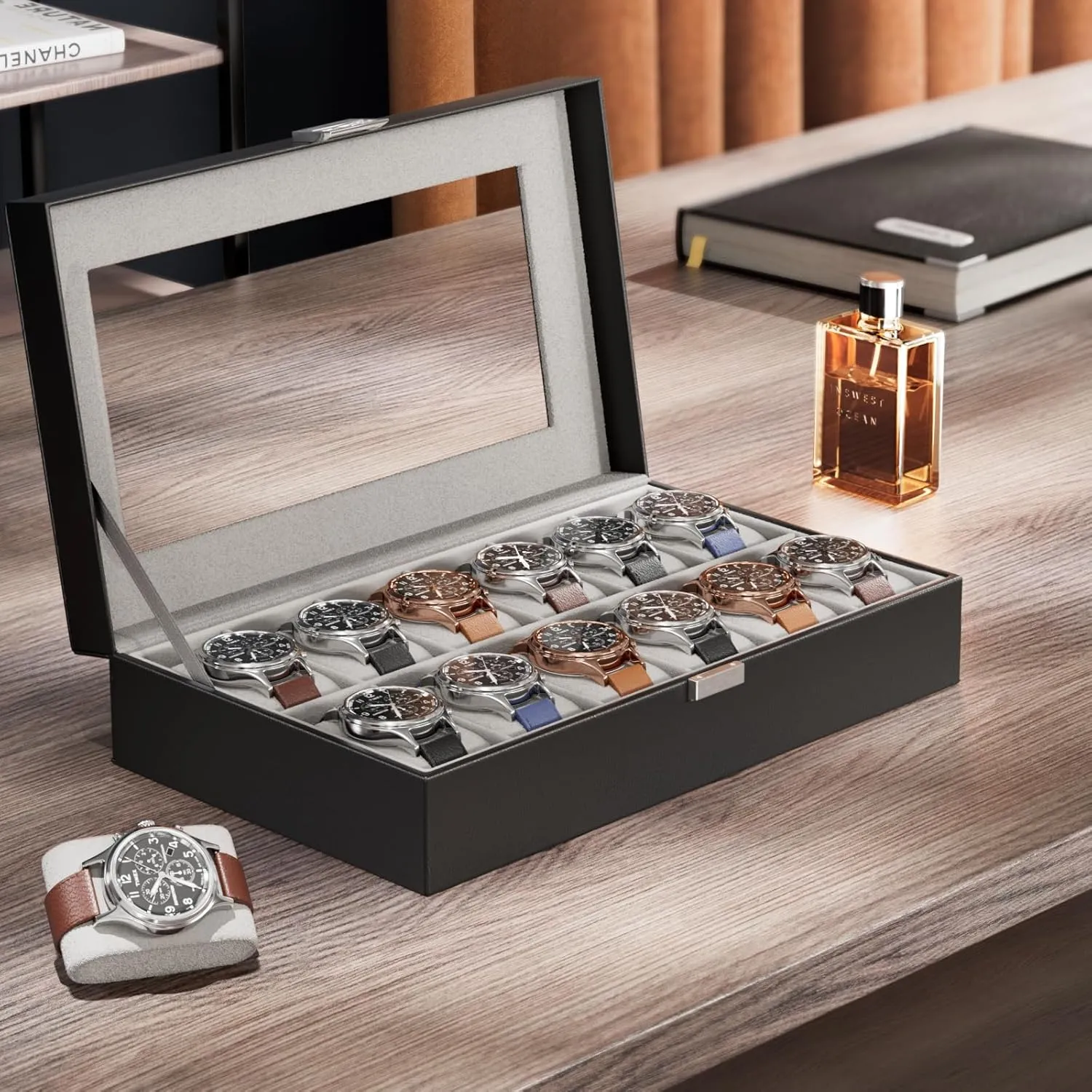 ProCase Watch Box Organizer for Men, 12 Slot Watch Display Case With Glass Lid, PU Leather Watch Storage Mens Watch Case, Watch Holder Organizer for Men Women -12 Slot, Black