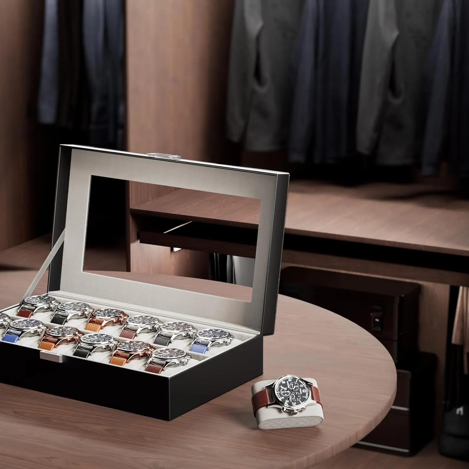 ProCase Watch Box Organizer for Men, 12 Slot Watch Display Case With Glass Lid, PU Leather Watch Storage Mens Watch Case, Watch Holder Organizer for Men Women -12 Slot, Black