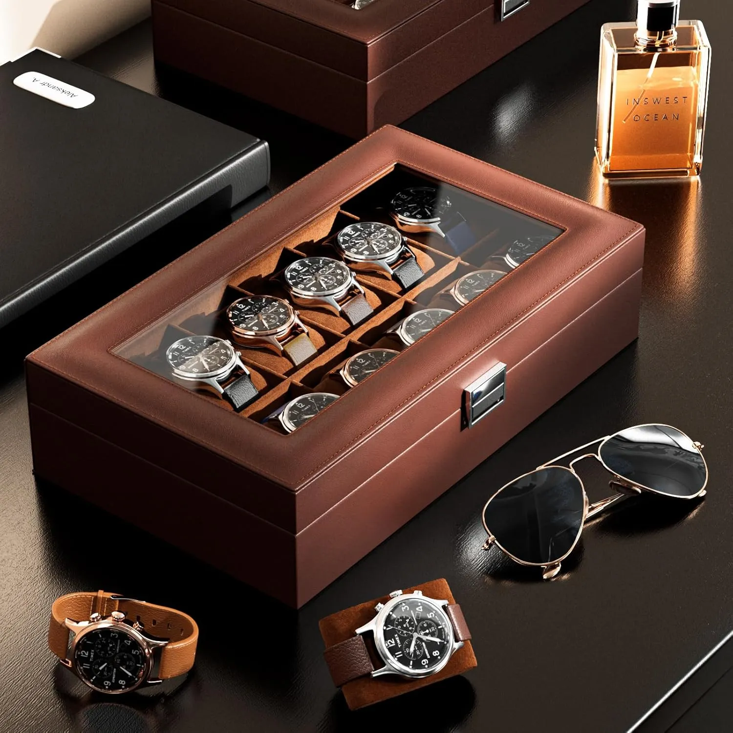 ProCase Watch Box Organizer for Men, 12 Slot Watch Display Case With Glass Lid, PU Leather Watch Storage Mens Watch Case, Watch Holder Organizer for Men Women -12 Slot, Brown