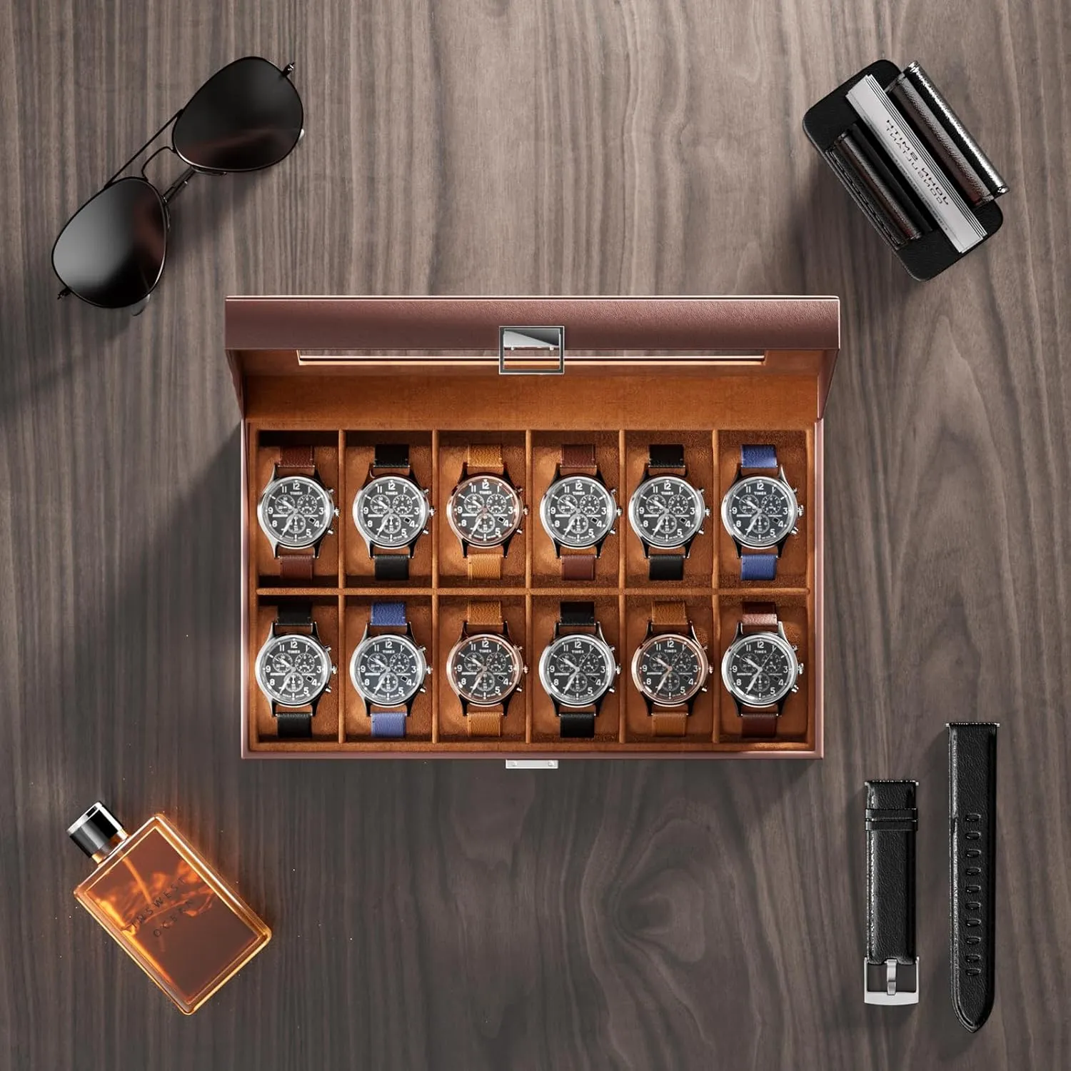 ProCase Watch Box Organizer for Men, 12 Slot Watch Display Case With Glass Lid, PU Leather Watch Storage Mens Watch Case, Watch Holder Organizer for Men Women -12 Slot, Brown