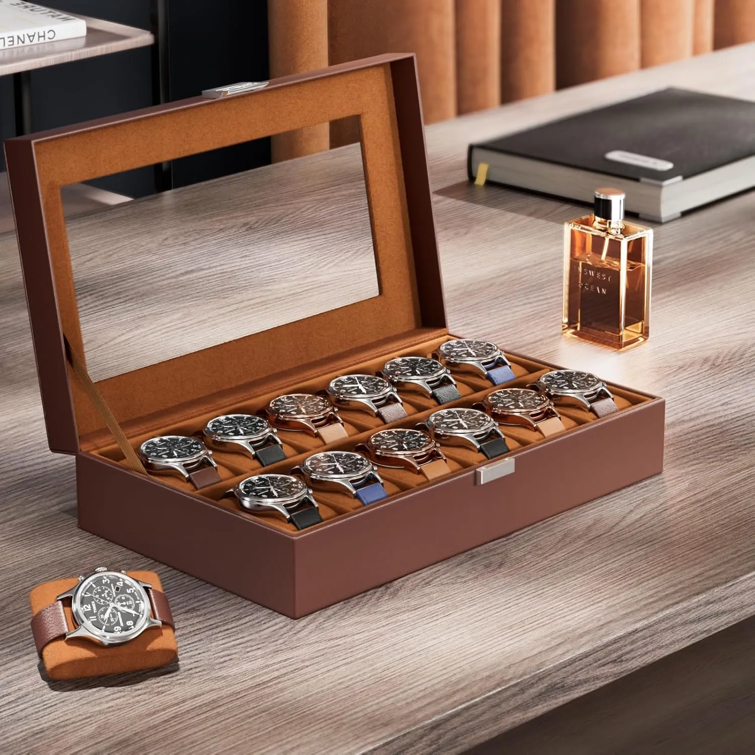 ProCase Watch Box Organizer for Men, 12 Slot Watch Display Case With Glass Lid, PU Leather Watch Storage Mens Watch Case, Watch Holder Organizer for Men Women -12 Slot, Brown