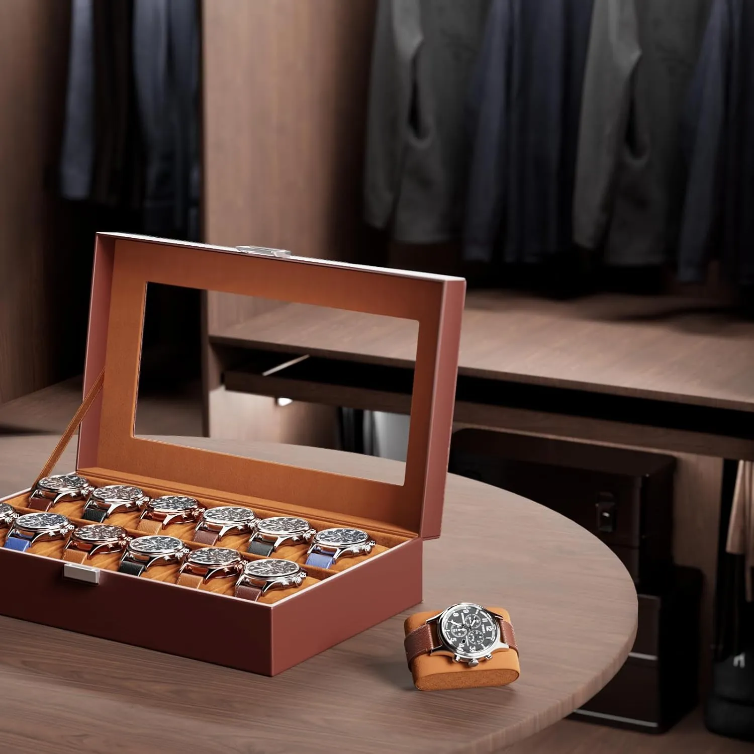 ProCase Watch Box Organizer for Men, 12 Slot Watch Display Case With Glass Lid, PU Leather Watch Storage Mens Watch Case, Watch Holder Organizer for Men Women -12 Slot, Brown