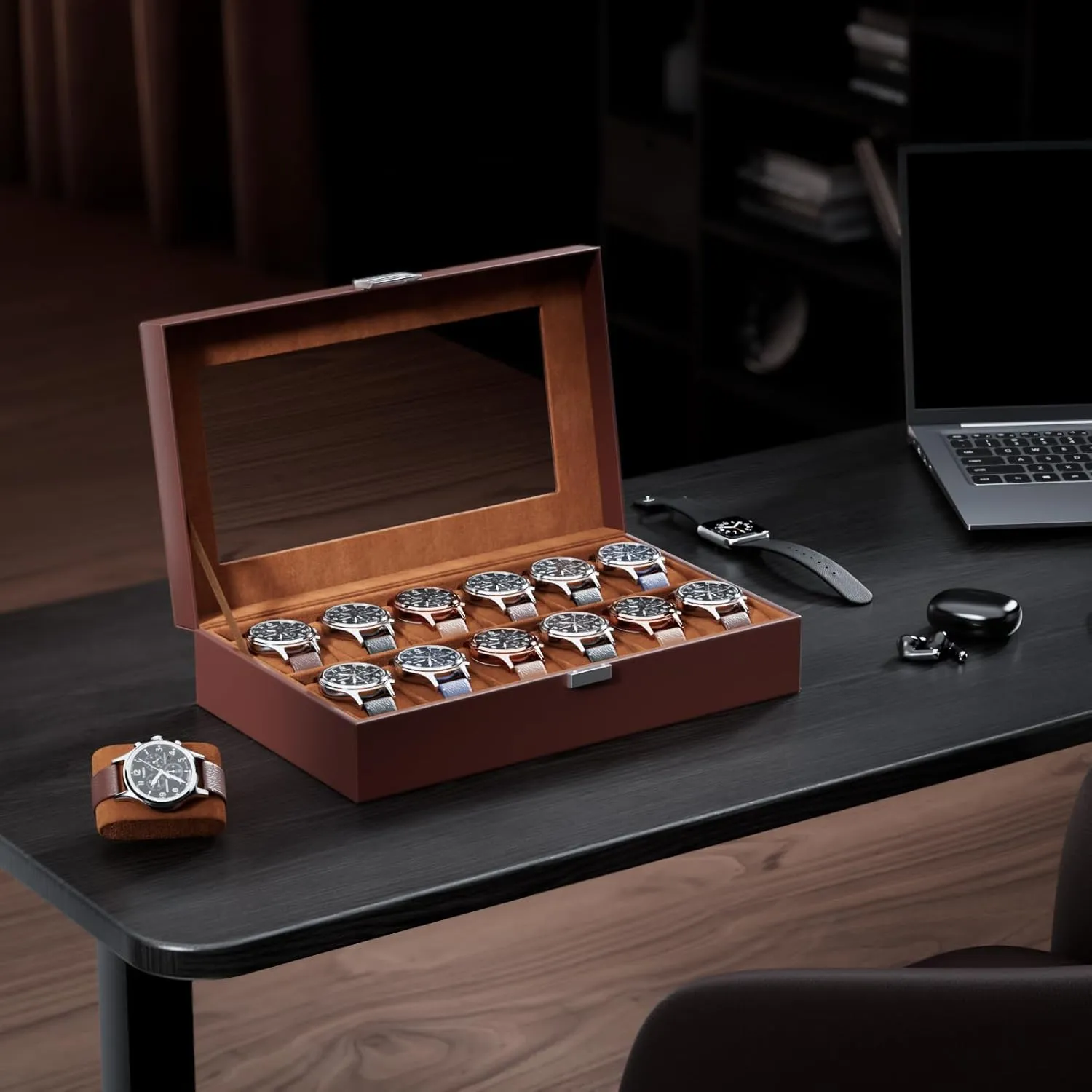 ProCase Watch Box Organizer for Men, 12 Slot Watch Display Case With Glass Lid, PU Leather Watch Storage Mens Watch Case, Watch Holder Organizer for Men Women -12 Slot, Brown