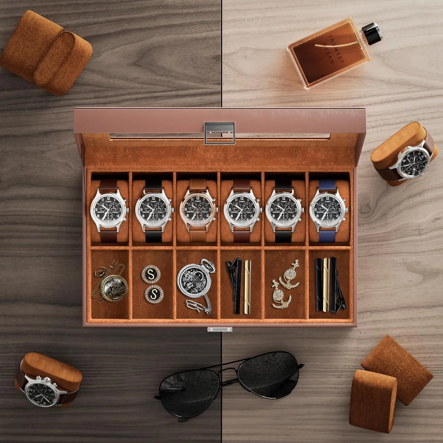ProCase Watch Box Organizer for Men, 12 Slot Watch Display Case With Glass Lid, PU Leather Watch Storage Mens Watch Case, Watch Holder Organizer for Men Women -12 Slot, Brown