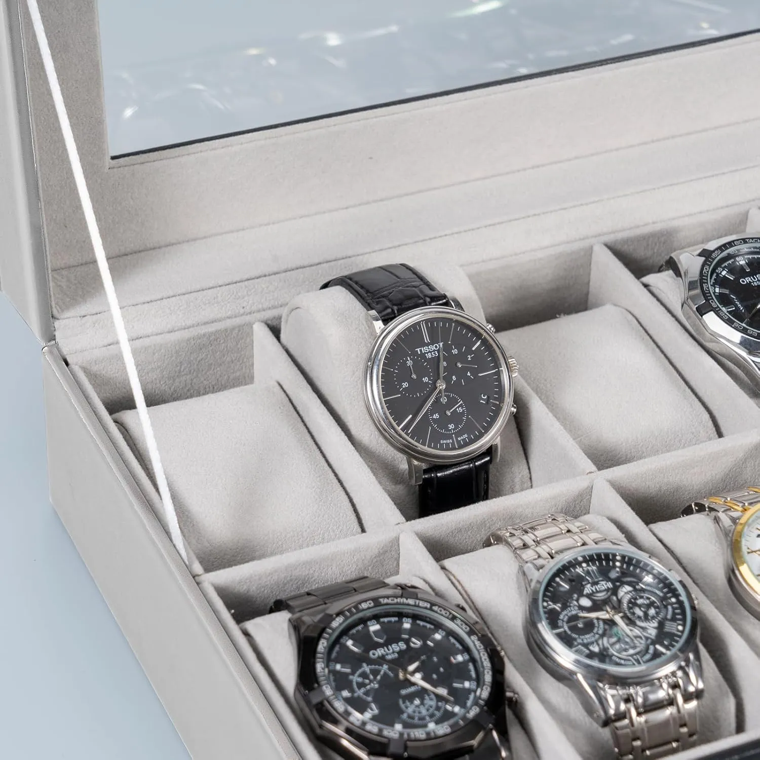 ProCase Watch Box Organizer for Men, 12 Slot Watch Display Case With Glass Lid, PU Leather Watch Storage Mens Watch Case, Watch Holder Organizer for Men Women -12 Slot, Grey