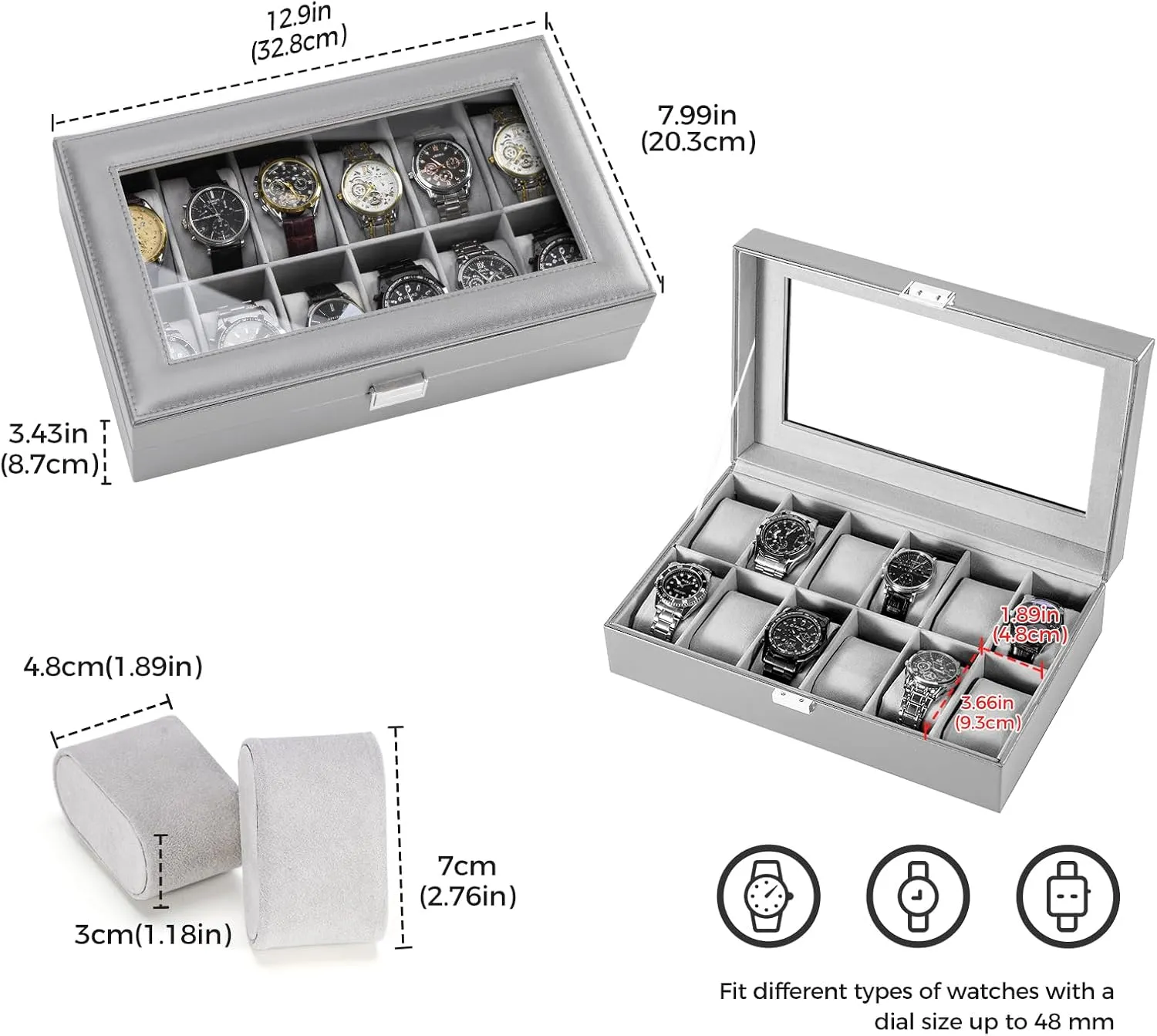 ProCase Watch Box Organizer for Men, 12 Slot Watch Display Case With Glass Lid, PU Leather Watch Storage Mens Watch Case, Watch Holder Organizer for Men Women -12 Slot, Grey