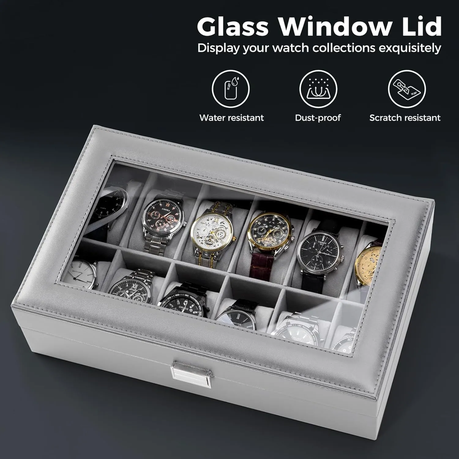 ProCase Watch Box Organizer for Men, 12 Slot Watch Display Case With Glass Lid, PU Leather Watch Storage Mens Watch Case, Watch Holder Organizer for Men Women -12 Slot, Grey