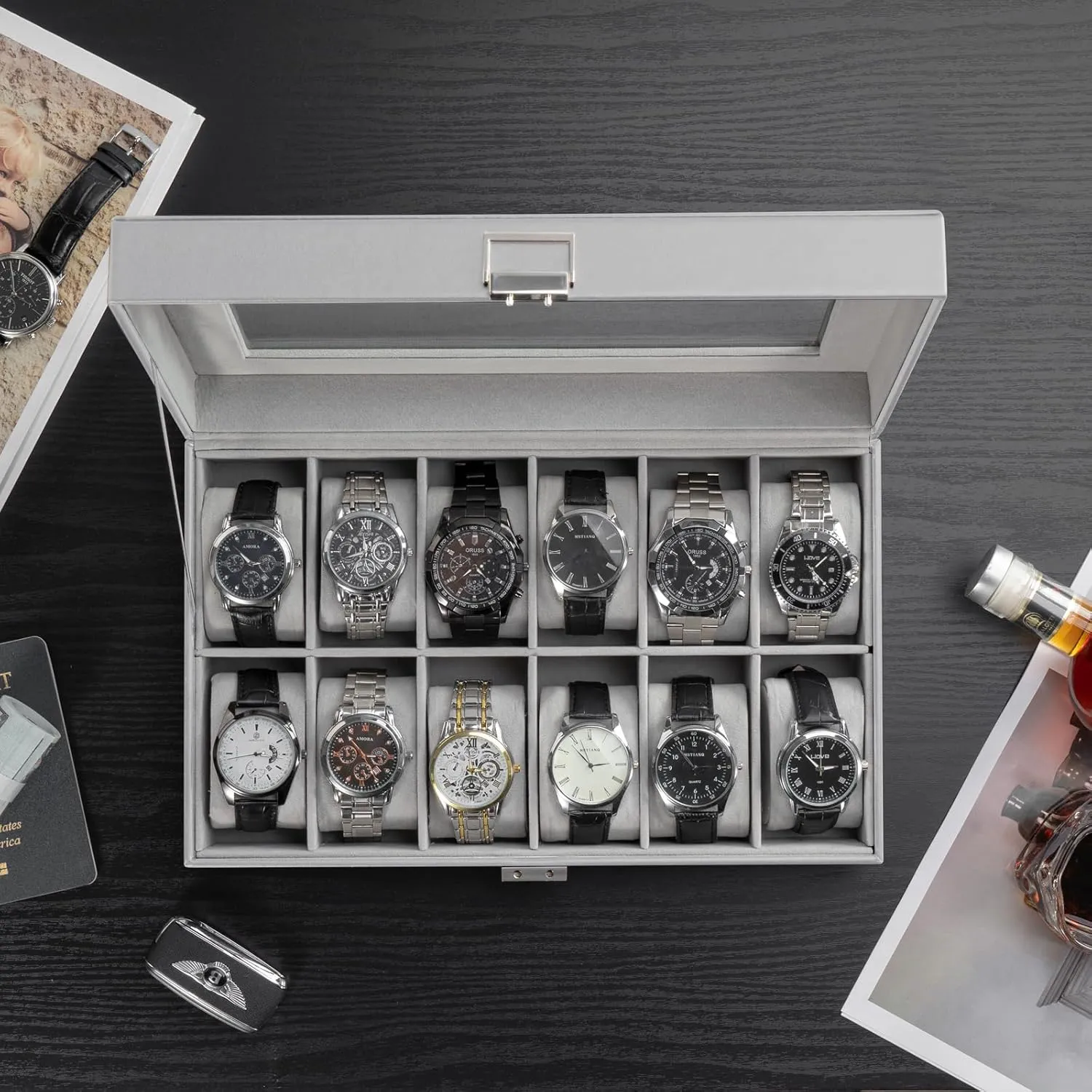 ProCase Watch Box Organizer for Men, 12 Slot Watch Display Case With Glass Lid, PU Leather Watch Storage Mens Watch Case, Watch Holder Organizer for Men Women -12 Slot, Grey