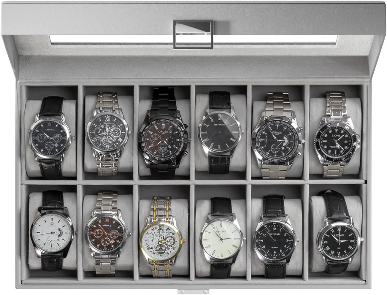 ProCase Watch Box Organizer for Men, 12 Slot Watch Display Case With Glass Lid, PU Leather Watch Storage Mens Watch Case, Watch Holder Organizer for Men Women -12 Slot, Grey