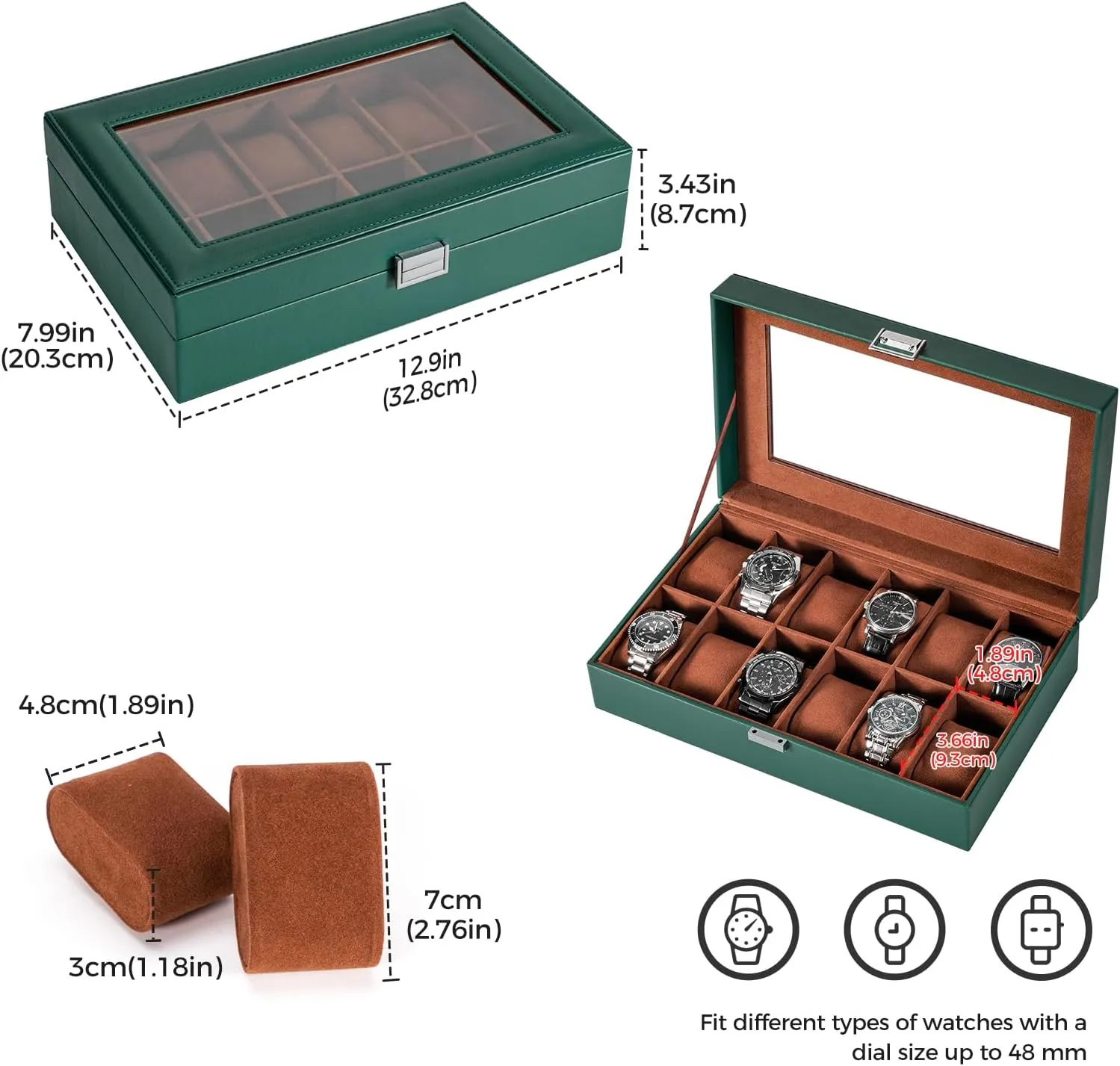 ProCase Watch Box Organizer for Men, 12 Slot Watch Display Case With Glass Lid, PU Leather Watch Storage Mens Watch Case, Watch Holder Organizer for Men Women -12Slot, MidnightGreen