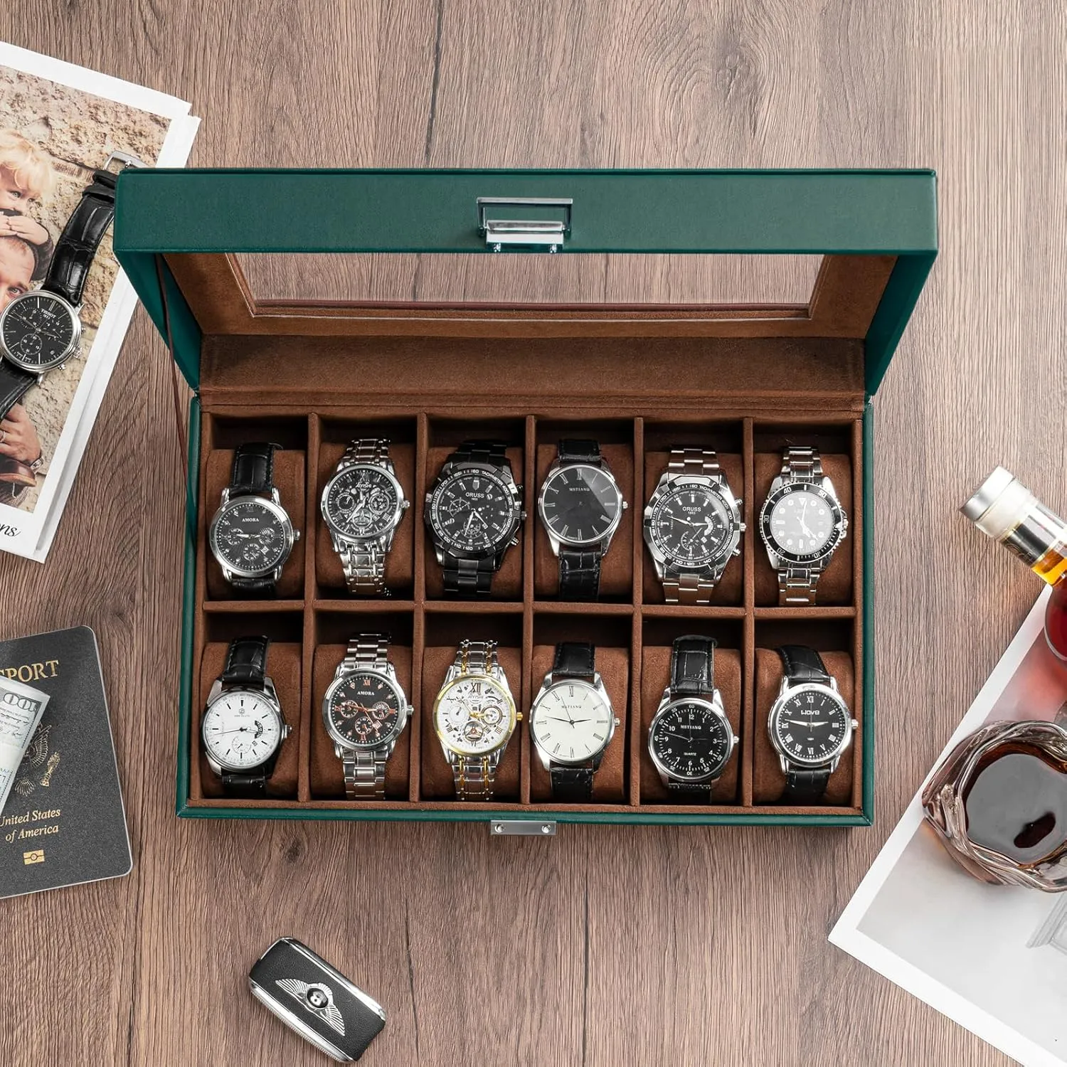ProCase Watch Box Organizer for Men, 12 Slot Watch Display Case With Glass Lid, PU Leather Watch Storage Mens Watch Case, Watch Holder Organizer for Men Women -12Slot, MidnightGreen