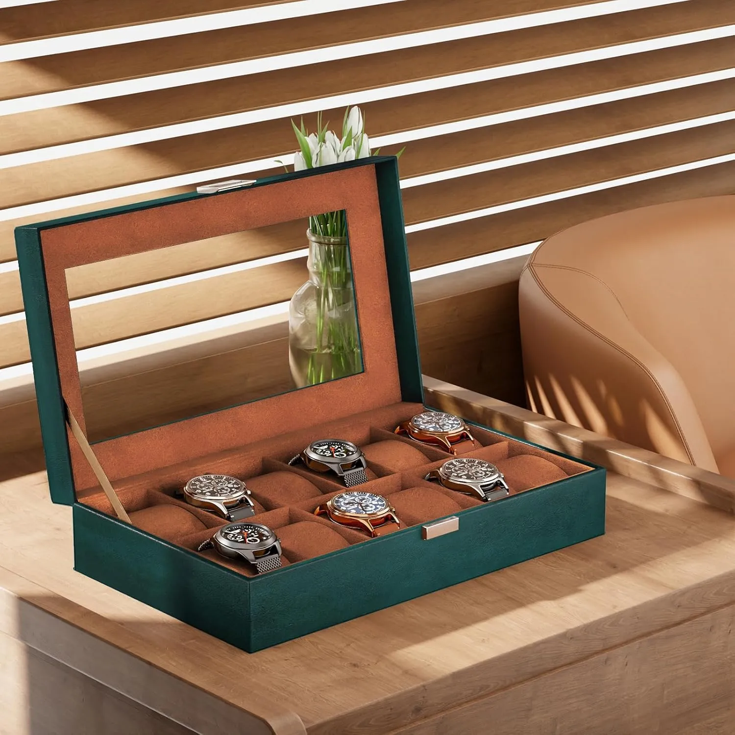 ProCase Watch Box Organizer for Men, 12 Slot Watch Display Case With Glass Lid, PU Leather Watch Storage Mens Watch Case, Watch Holder Organizer for Men Women -12Slot, MidnightGreen