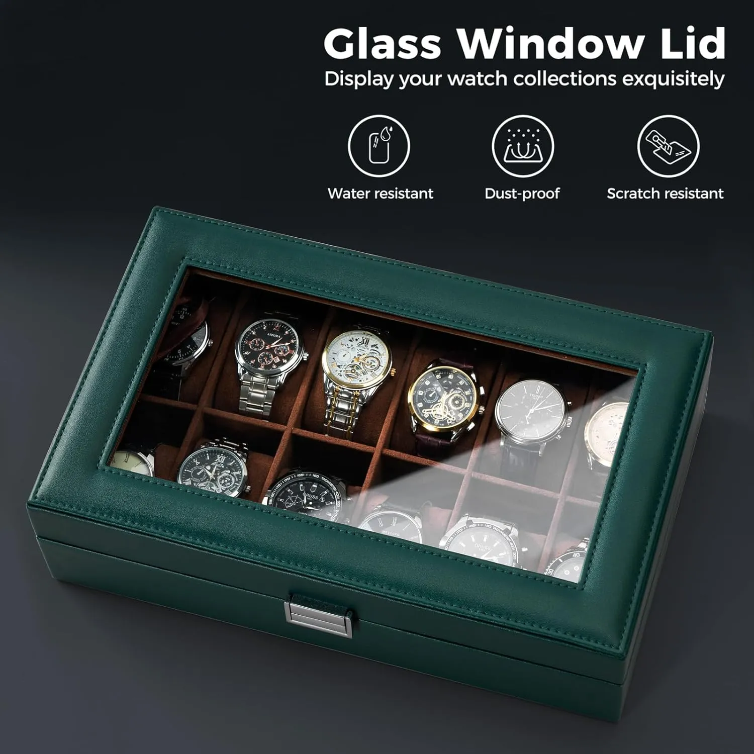 ProCase Watch Box Organizer for Men, 12 Slot Watch Display Case With Glass Lid, PU Leather Watch Storage Mens Watch Case, Watch Holder Organizer for Men Women -12Slot, MidnightGreen