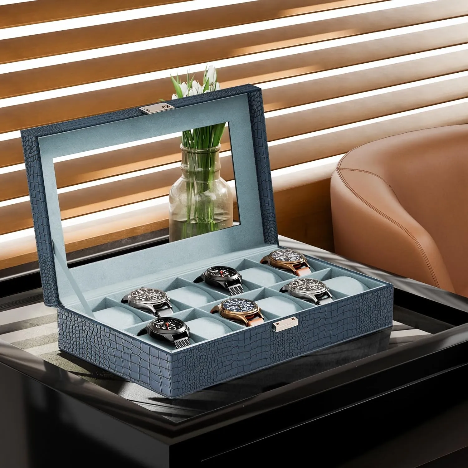 ProCase Watch Box Organizer for Men, 12 Slot Watch Display Case With Glass Lid, PU Leather Watch Storage Mens Watch Case, Watch Holder Organizer Gift for Men Women -12 Slot, CrocCobaltBlue