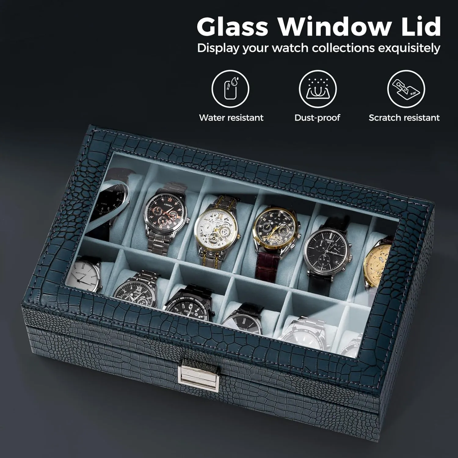 ProCase Watch Box Organizer for Men, 12 Slot Watch Display Case With Glass Lid, PU Leather Watch Storage Mens Watch Case, Watch Holder Organizer Gift for Men Women -12 Slot, CrocCobaltBlue