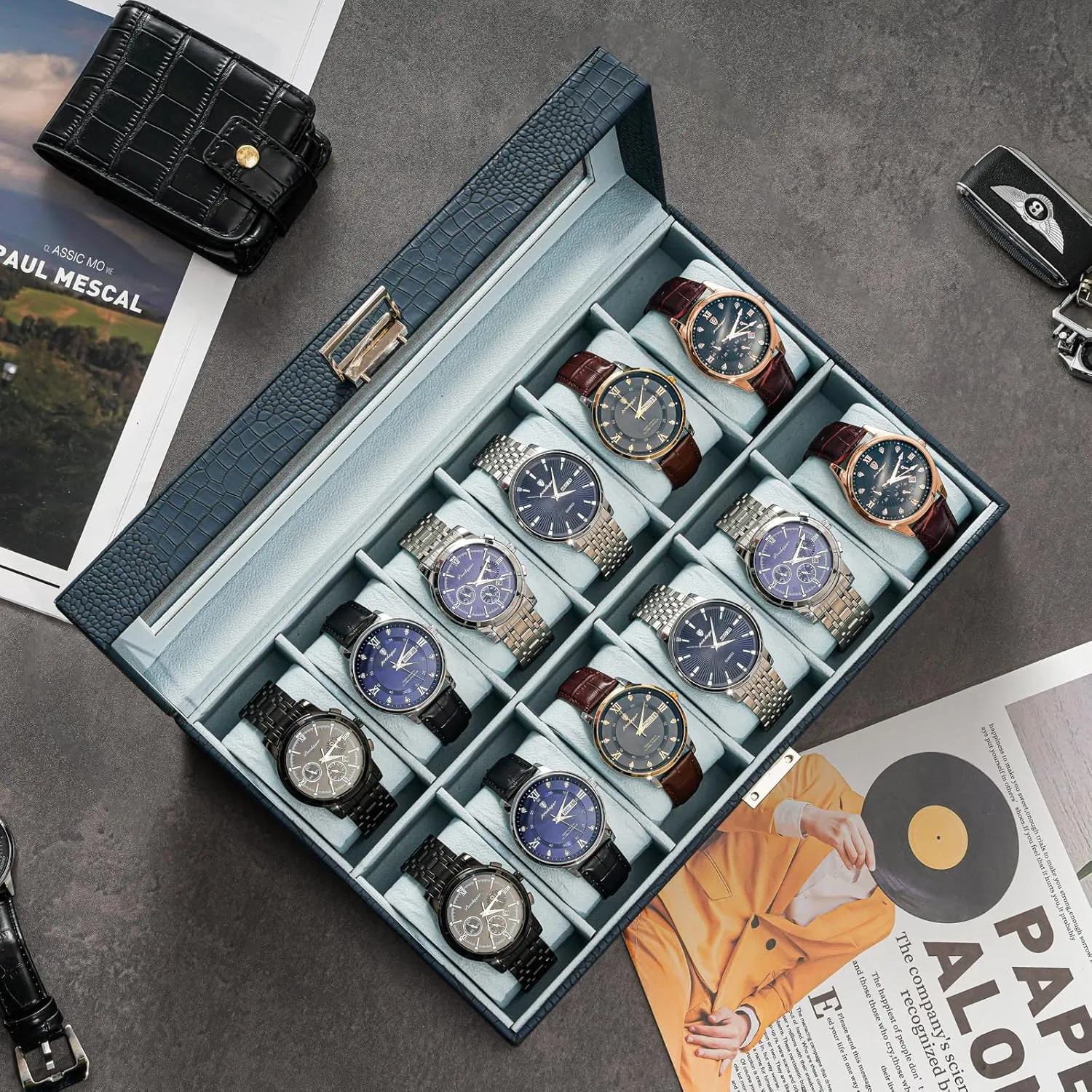 ProCase Watch Box Organizer for Men, 12 Slot Watch Display Case With Glass Lid, PU Leather Watch Storage Mens Watch Case, Watch Holder Organizer Gift for Men Women -12 Slot, CrocCobaltBlue