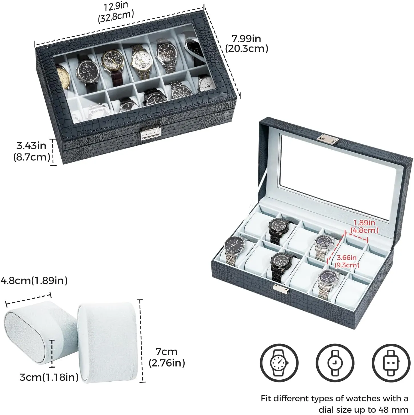 ProCase Watch Box Organizer for Men, 12 Slot Watch Display Case With Glass Lid, PU Leather Watch Storage Mens Watch Case, Watch Holder Organizer Gift for Men Women -12 Slot, CrocCobaltBlue