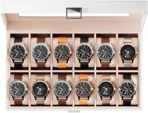ProCase Watch Box Organizer for Men, 12 Slot Watch Display Case With Glass Lid, PU Leather Watch Storage Mens Watch Case, Watch Holder Organizer Gift for Men Women -White