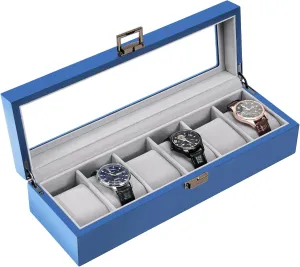 ProCase Wooden Watch Box for Men - 6 Slot Display Case Organizer With Glass Lid, Wood Storage Holder for Men's Watches - Royalblue
